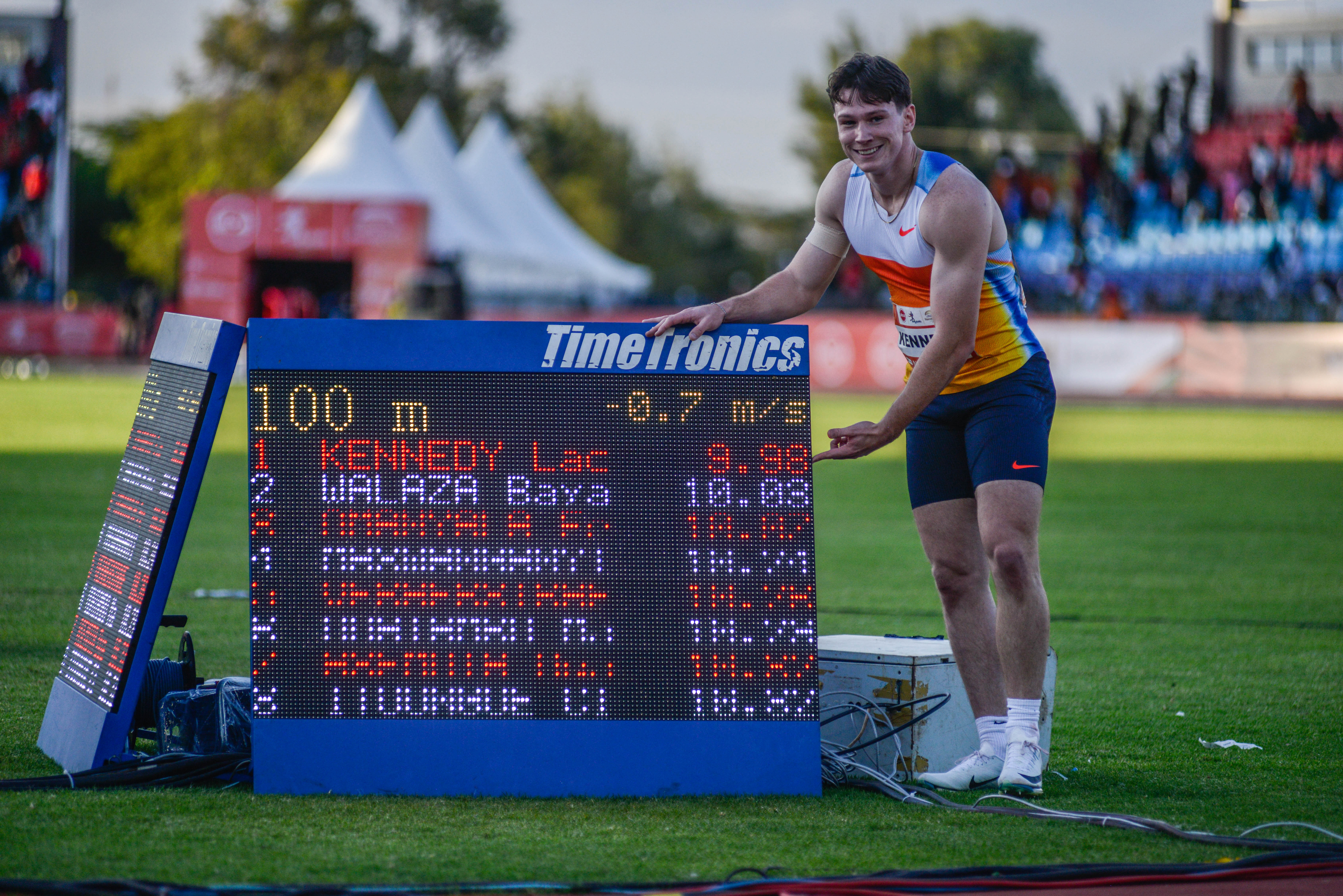 Lachlan Kennedy pictured in Nairobi, Kenya after winning the 100 metres and running the first sub-10-second time of his career.
