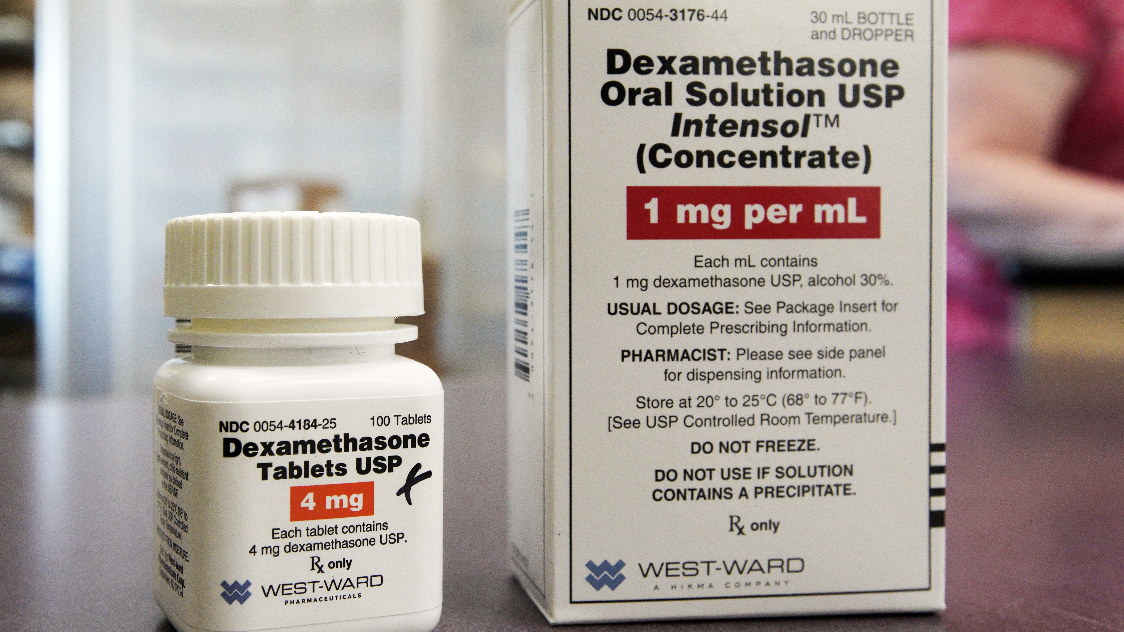 A bottle of Dexamethasone in a pharmacy in Omaha, Nebraska, USA. Donald Trump is said to have been given the drug for coronavirus.