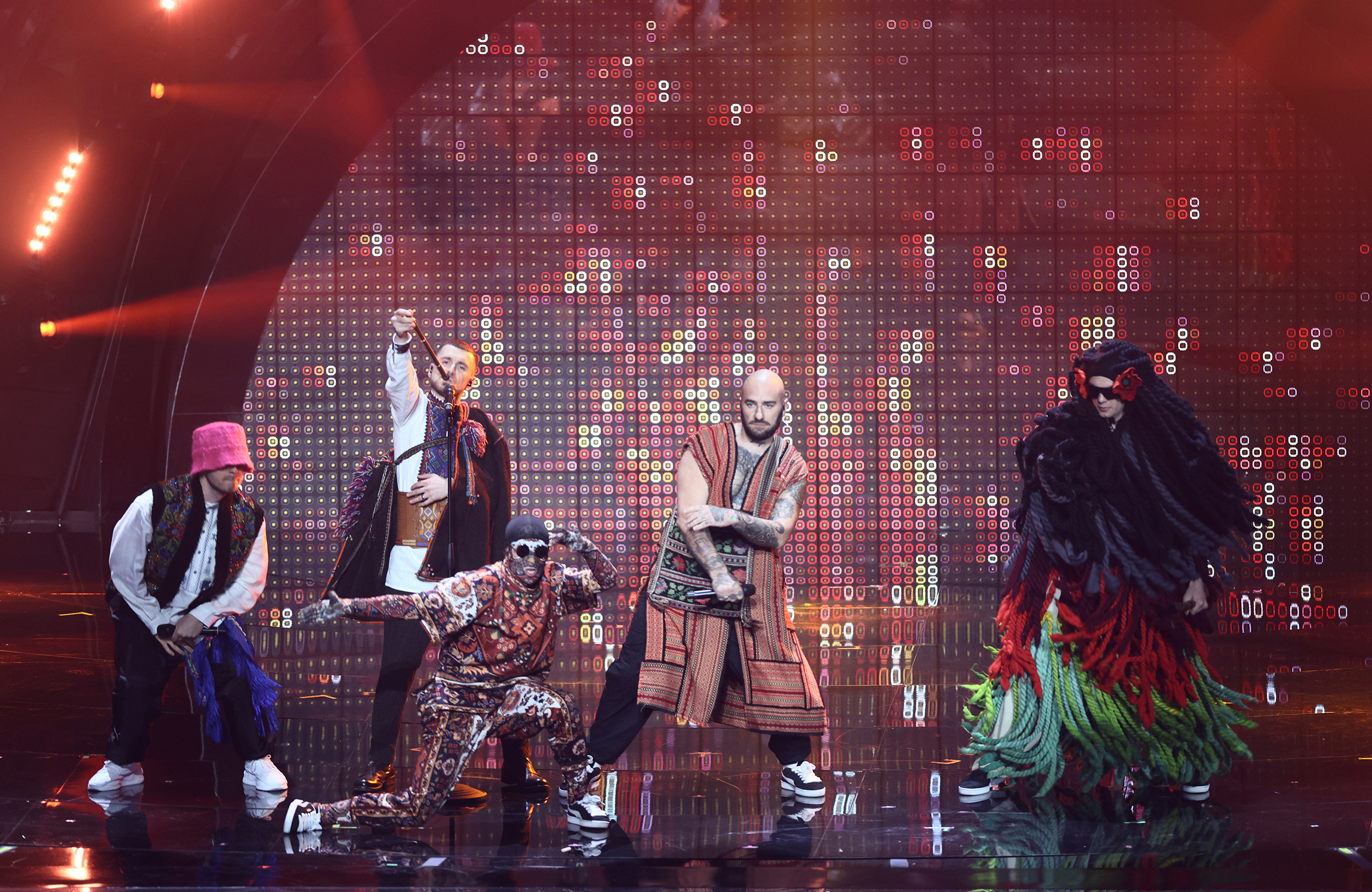 The Kalsuh Orchestra from Ukraine performs with the title Stefania at the first semi-final of the Eurovision Song Contest (ESC). The international music competition is taking place for the 66th time. In the first semifinal, participants from 17 countries will play music to reach the final. The first ten will advance. 