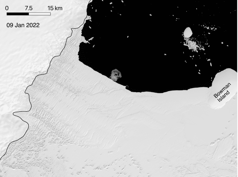 Before its collapse, the Conger Ice Shelf area was roughly 1200 square kilometers (about the size of Rome) as of March 14, 2022.