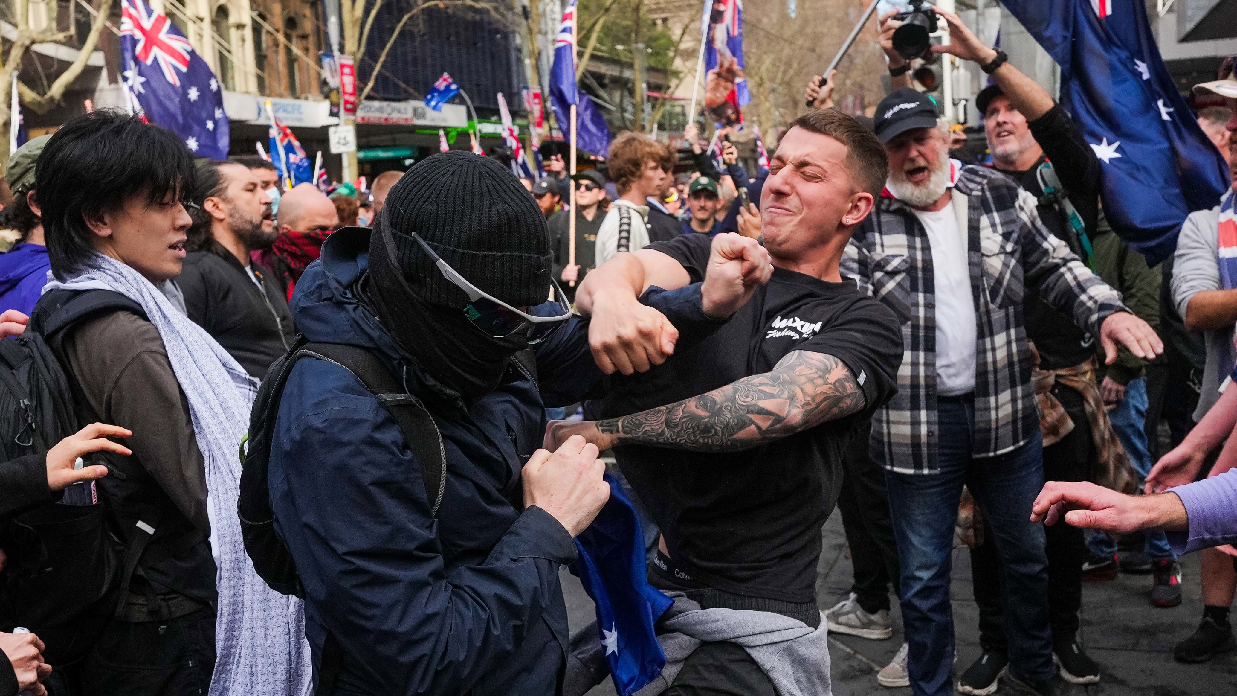 Protesters and counter-protesters clash in Melbourne.