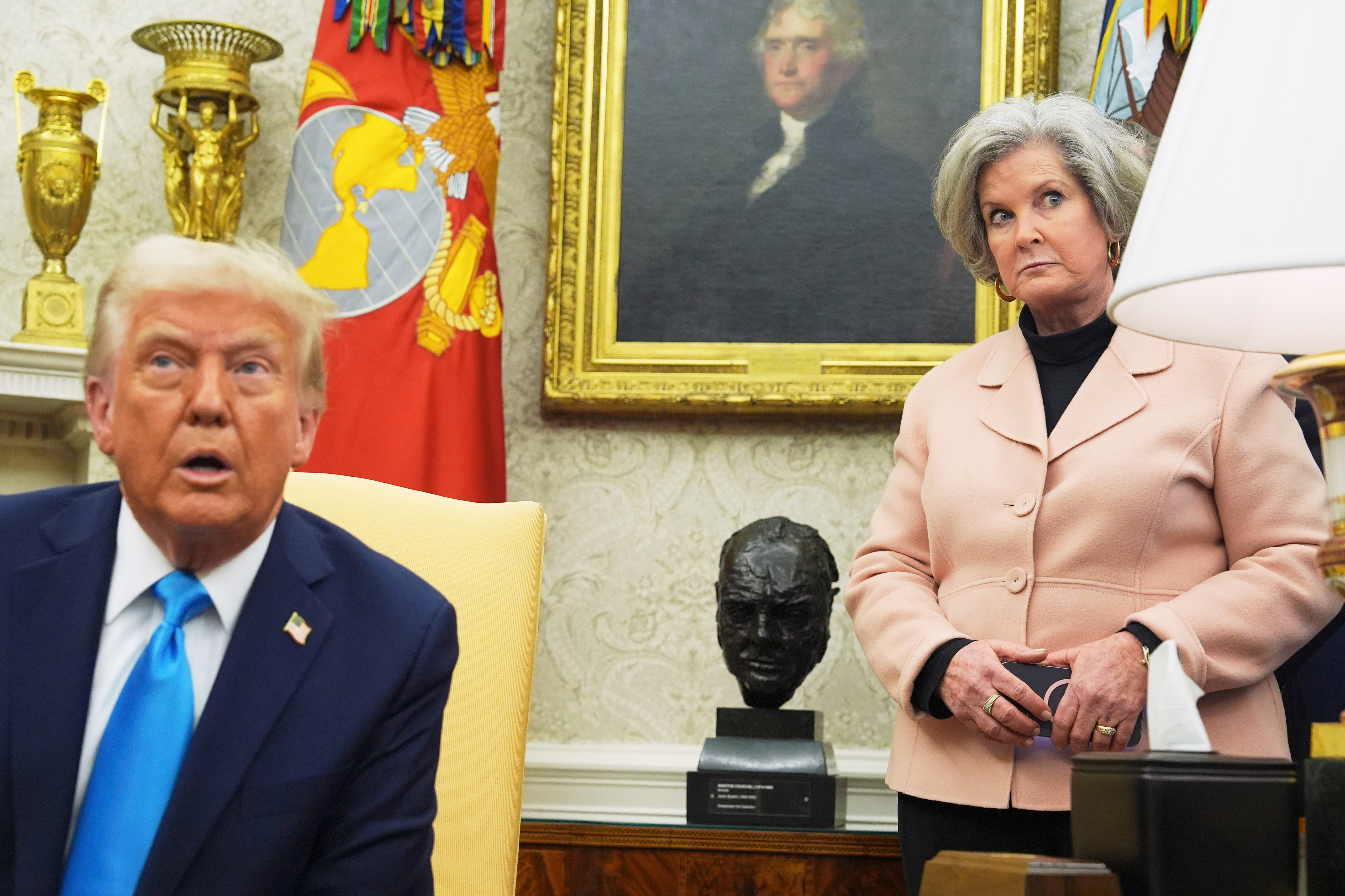 FILE - White House chief of staff Susie Wiles listens as President Donald Trump meets with Israel's Prime Minister Benjamin Netanyahu in the Oval Office of the White House, Feb. 4, 2025, in Washington. (AP Photo/Evan Vucci, File)