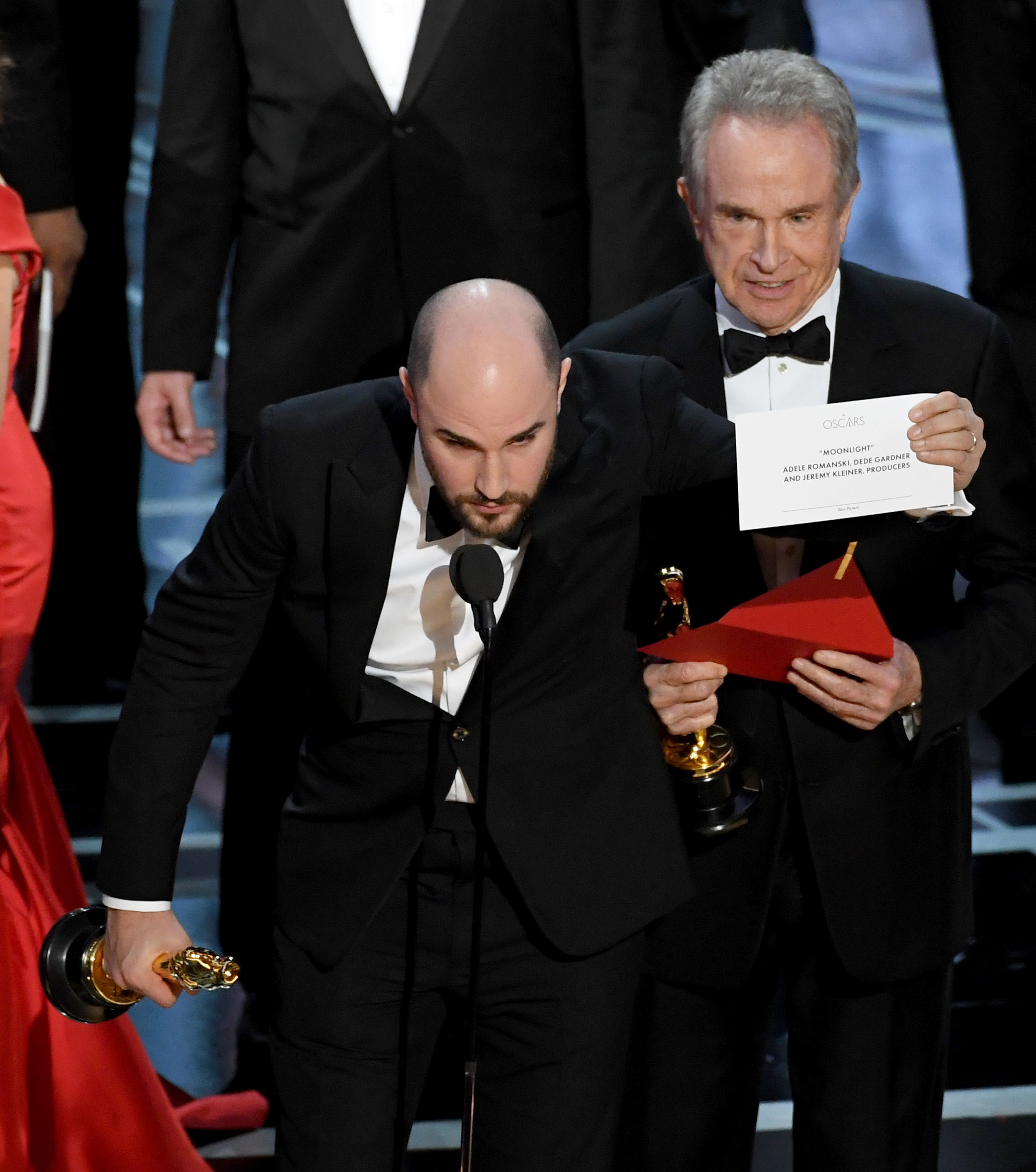  'La La Land' producer Jordan Horowitz holds up the winner card reading actual Best Picture winner 'Moonlight' onstage during the 89th Annual Academy Awards at Hollywood & Highland Center on February 26, 2017 in Hollywood, California. 