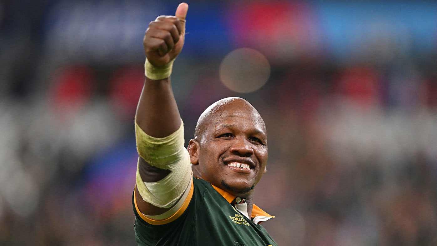 PARIS, FRANCE - OCTOBER 15: Mbongeni Mbonambi of South Africa celebrates victory as he gestures a thumbs-up at full-time following the Rugby World Cup France 2023 Quarter Final match between France and South Africa at Stade de France on October 15, 2023 in Paris, France. (Photo by Mike Hewitt/Getty Images)