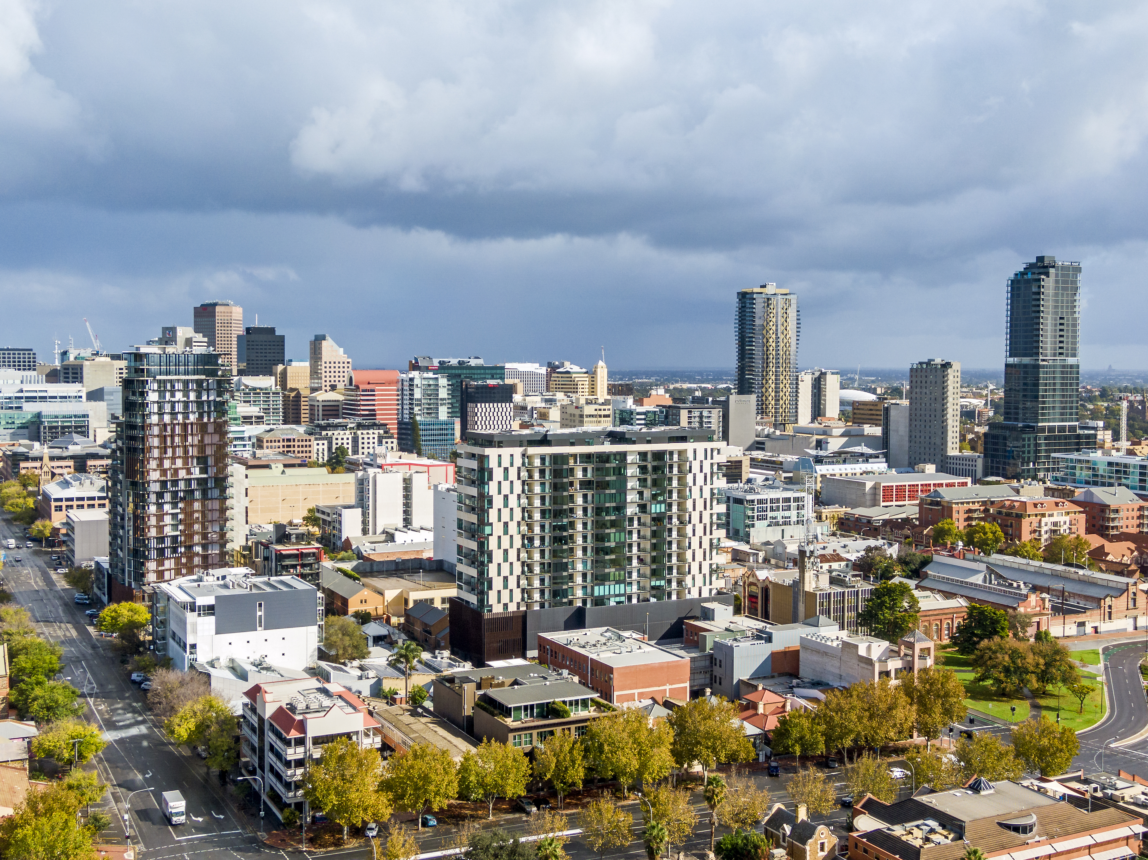 Storm clouds gather over the city of Adelaide.