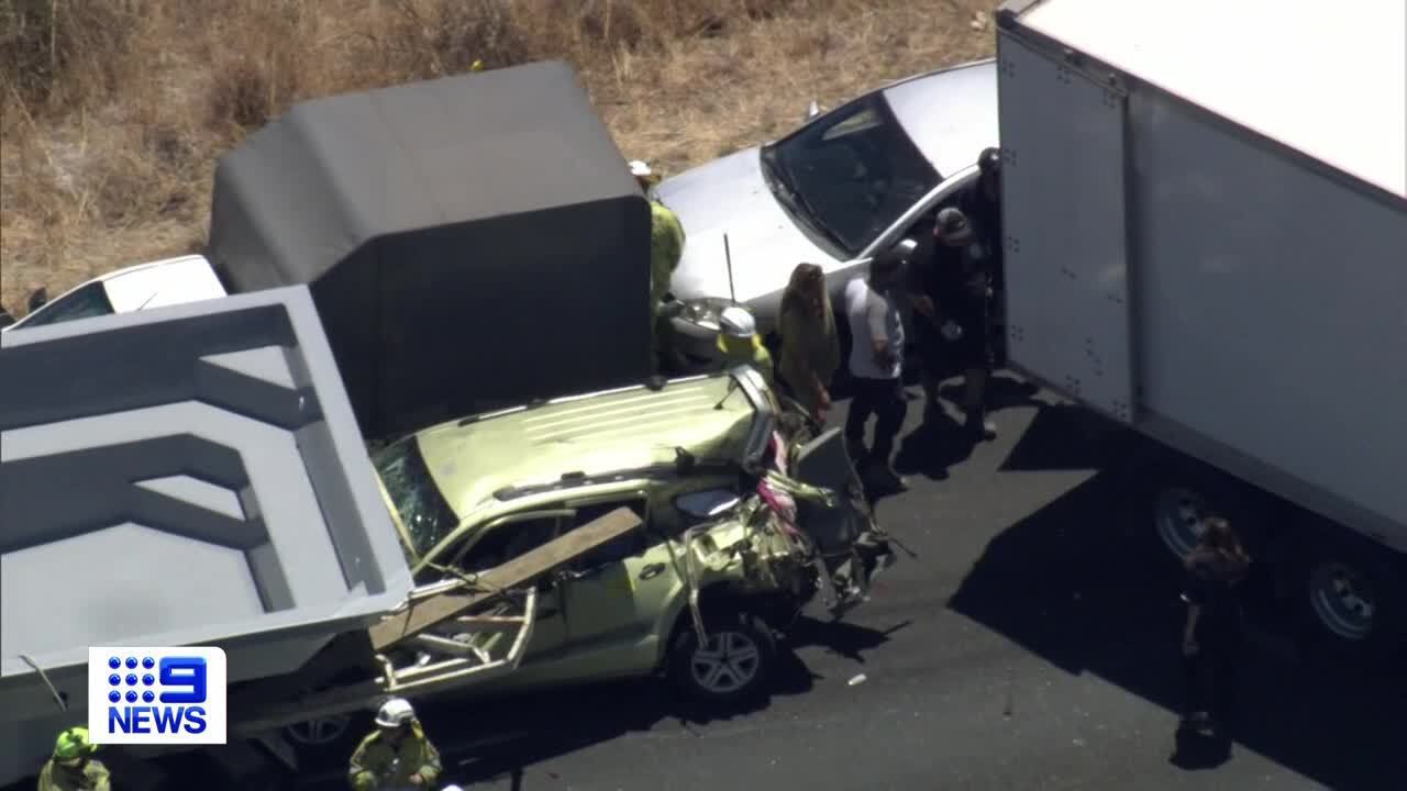 A road train has jackknifed and caused a pool to smash into a car's windscreen on a highway south of Perth.