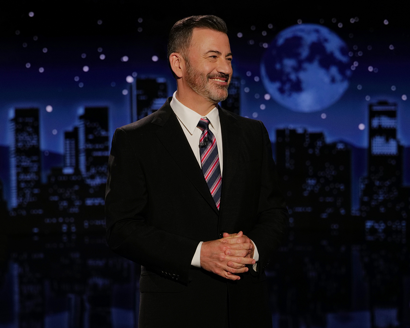 35 p.m. ET and features a diverse lineup of guests that include celebrities, athletes, musical acts, comedians and human interest subjects, along with comedy bits and a house band. The guests for Tuesday, September 23 included Glen Powell ("Chad Powers"), and musical guest Sarah McLachlan. (Disney/Randy Holmes)  JIMMY KIMMEL  (Photo by Randy Holmes/Disney via Getty Images)