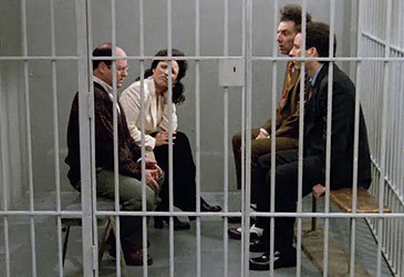 Cast of Seinfeld in jail cell in The Finale (NBC)