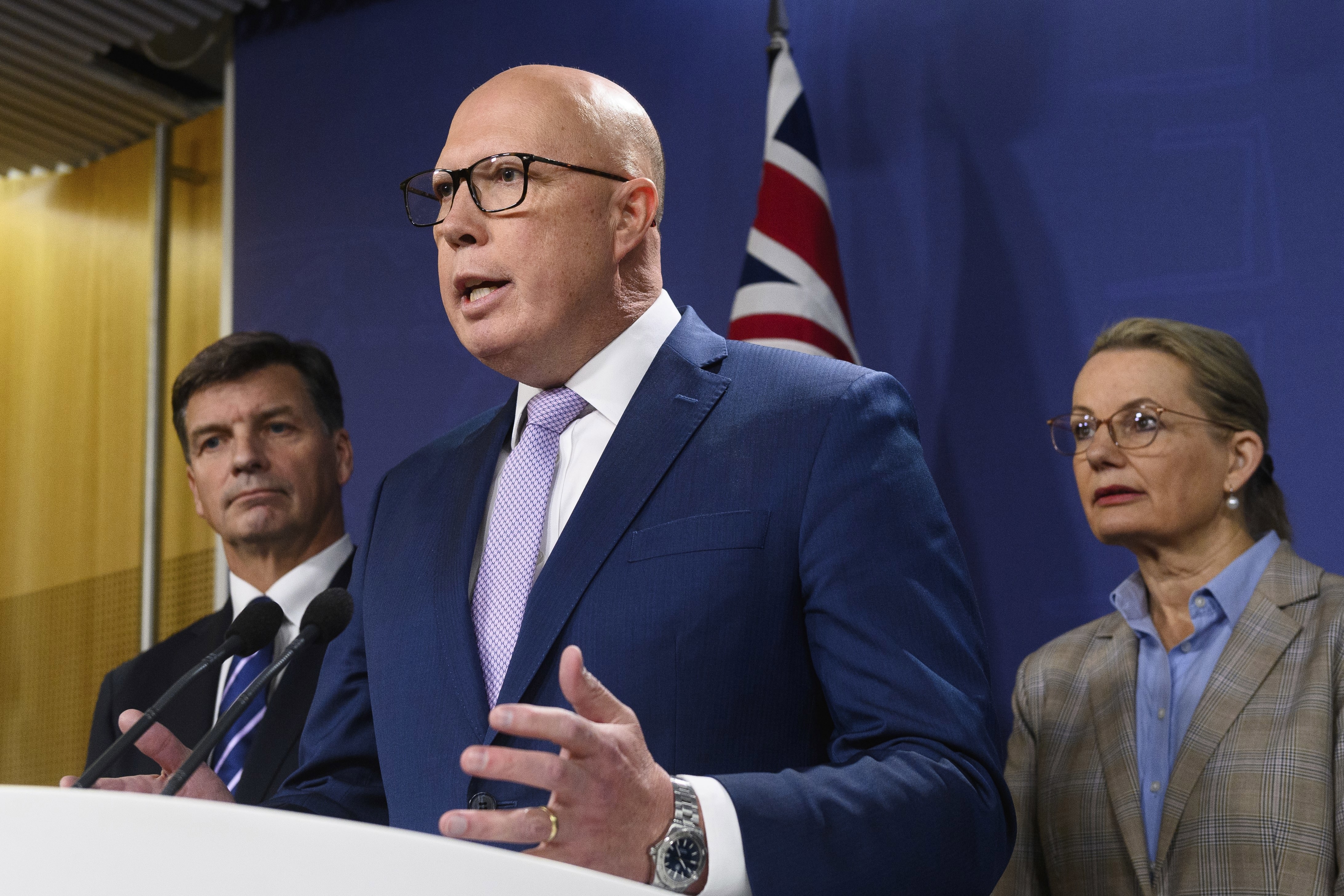 Opposition Leader Peter Dutton at a press conference with Angus Taylor and Sussan Ley.