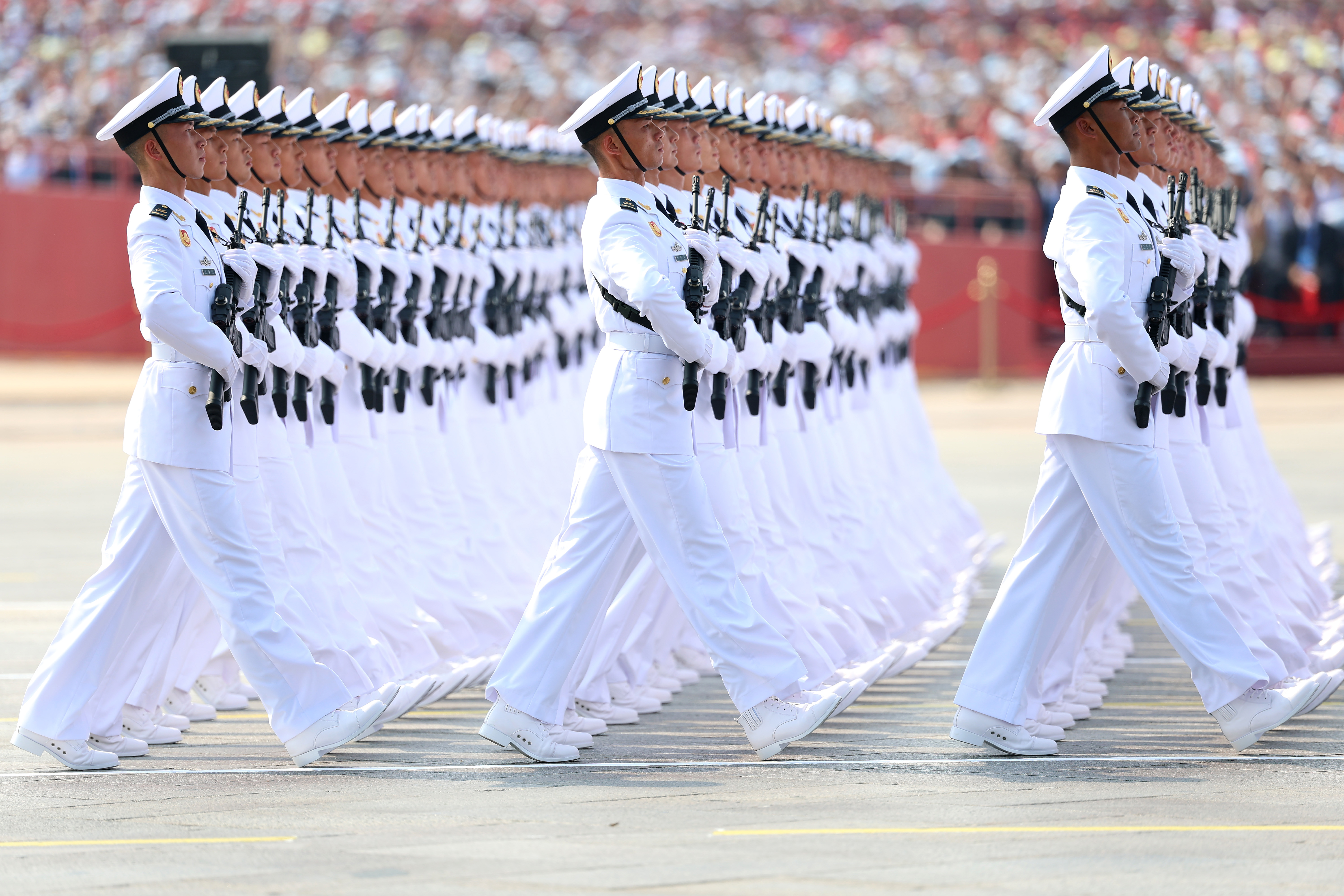 Soldiers march during a military parade marking the 80th anniversary of victory over Japan and the end of World War II in Tiananmen Square.