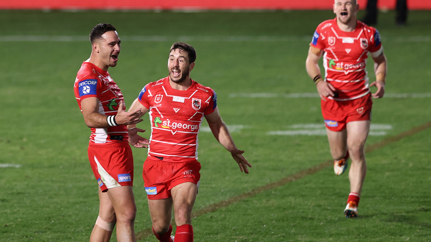  Dragons players celebrate the win from a Golden Point from Corey Norman during the round 16 NRL match between New Zealand Warriors and the St George Illawarra Dragons at Central Coast Stadium, on July 02, 2021, in Gosford, Australia. (Photo by Ashley Feder/Getty Images)