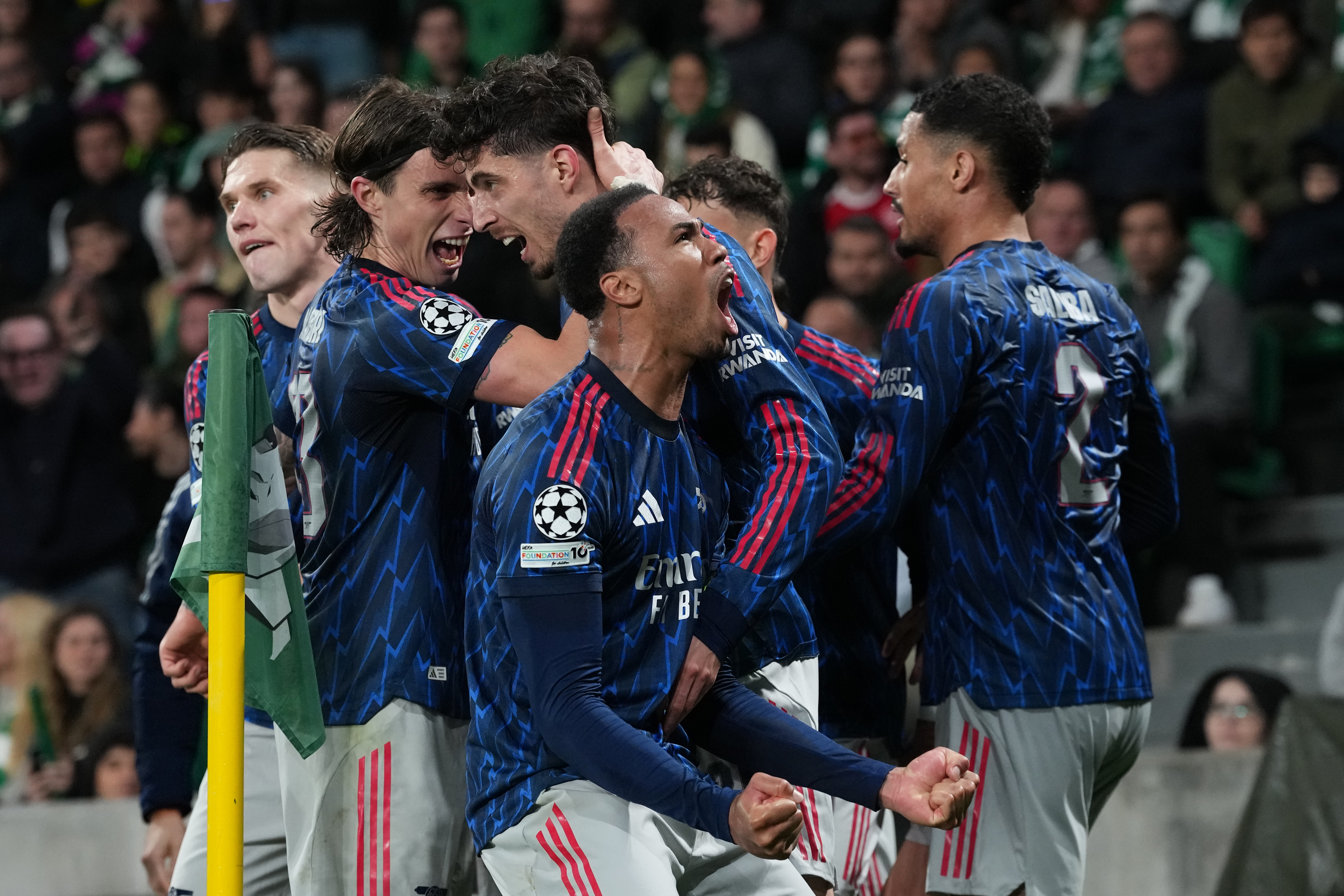 Arsenal's Gabriel Magalhaes celebrates after Arsenal's Kai Havertz scored.