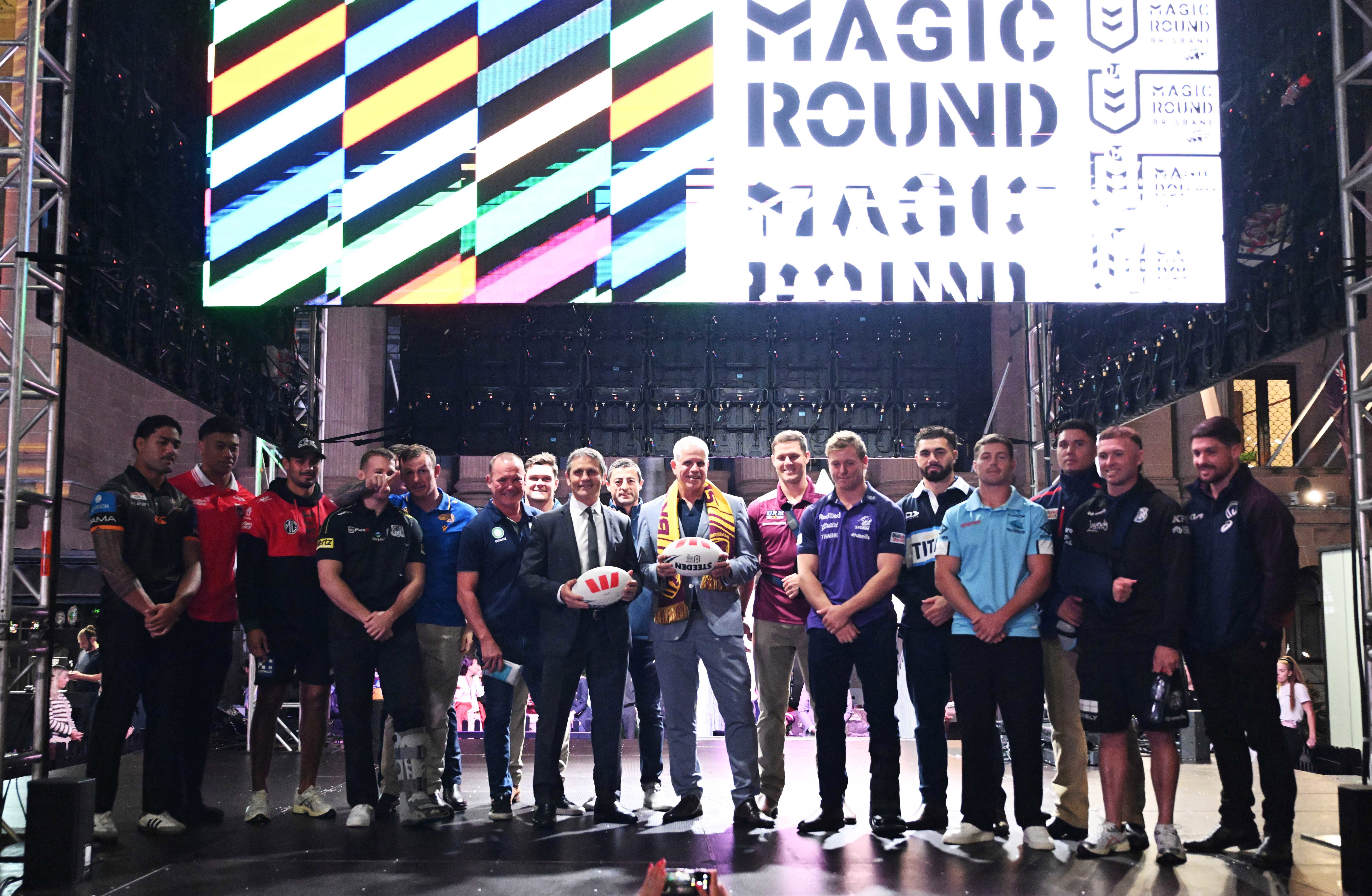Players pose at the NRL Magic Round launch for 2026.