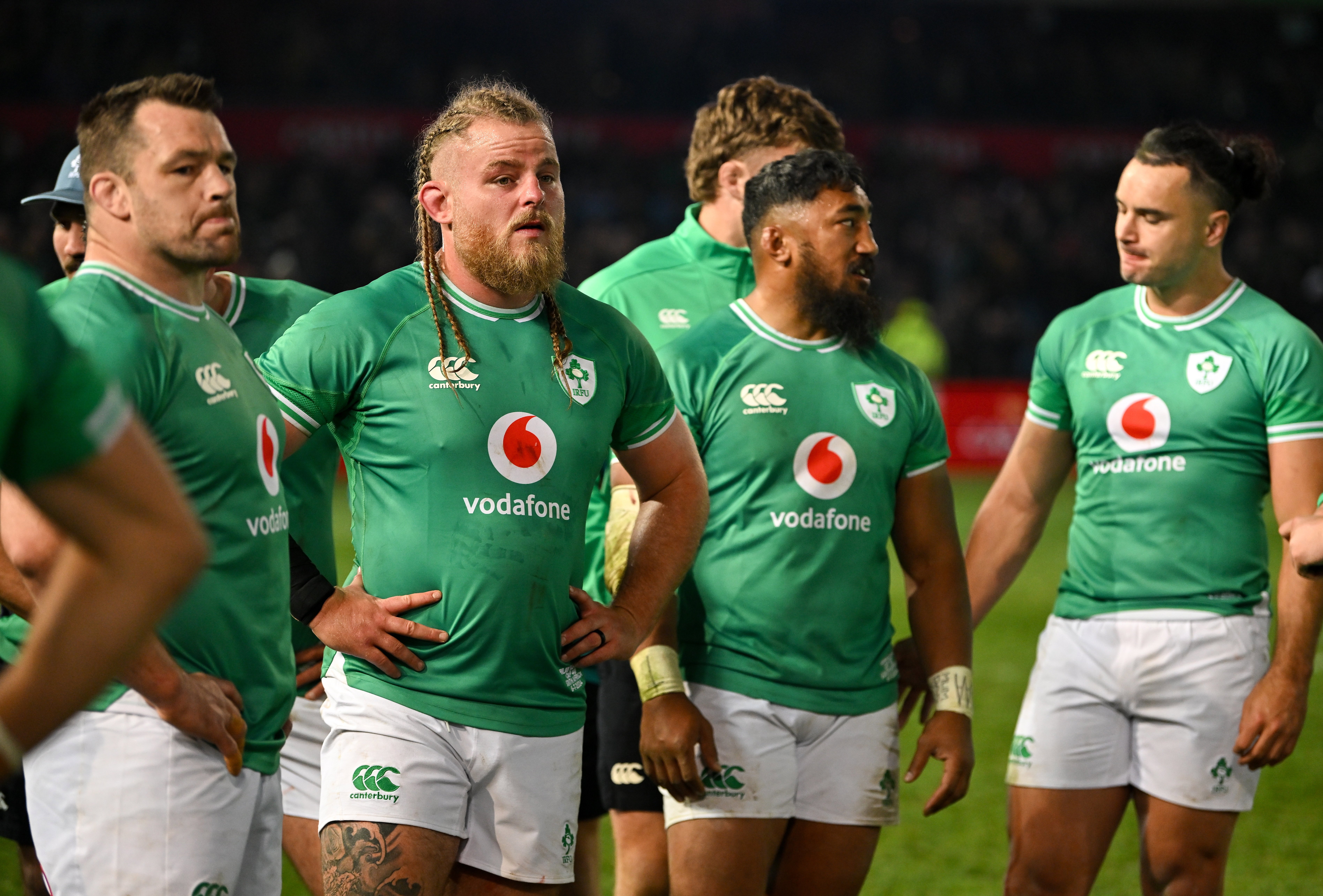 Ireland players, from left, Cian Healy, Finlay Bealham, Bundee Aki and James Lowe after the first test between South Africa and Ireland at Loftus Versfeld Stadium in Pretoria, South Africa. (Photo By Brendan Moran/Sportsfile via Getty Images)