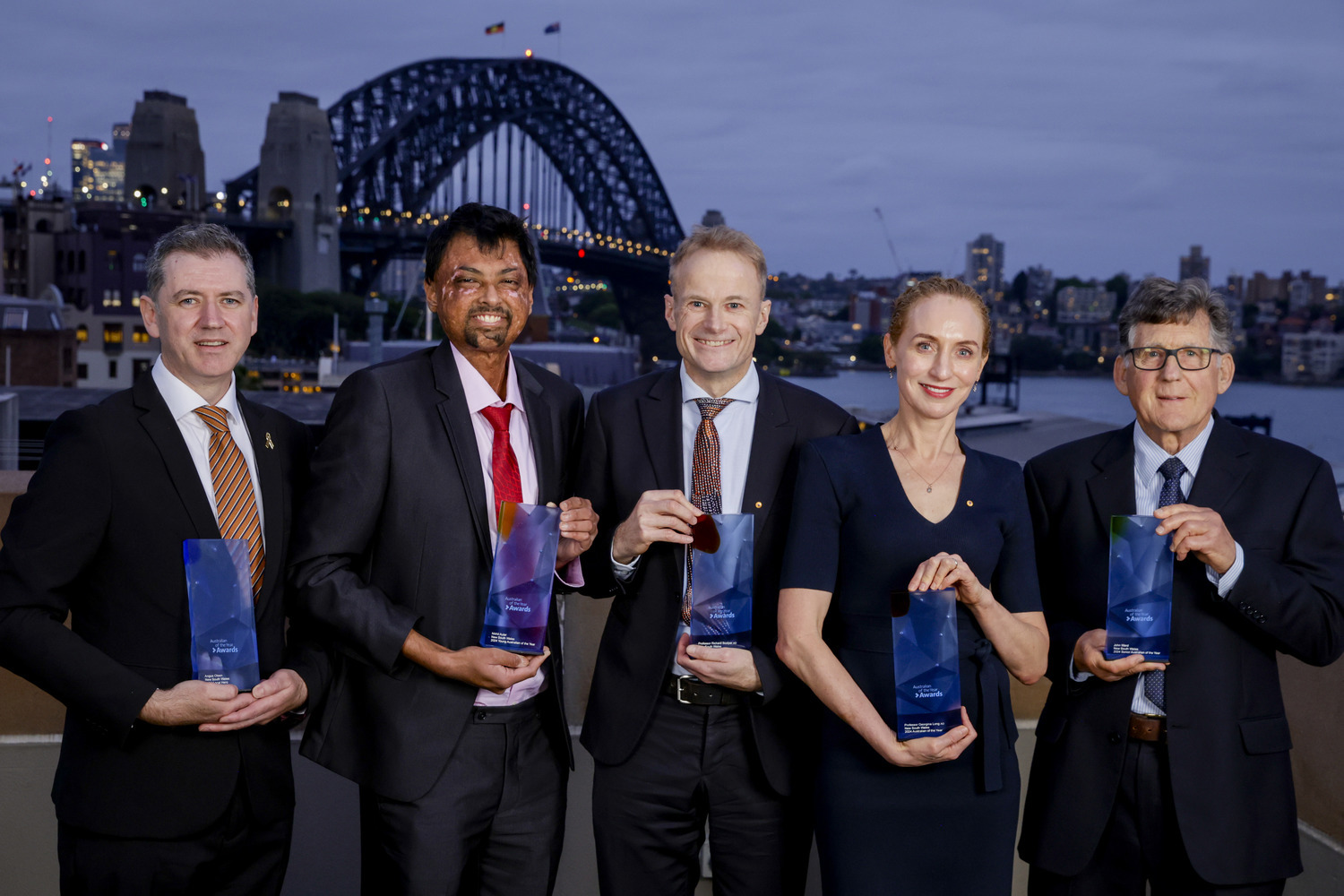 F﻿ormer NSW Young Australian of the Year Nikhil Autar pictured with fellow 2024 recipients  Angus Olsen, Professor Richard Scolyer AO, Professor Georgina Long AO and John Ward.