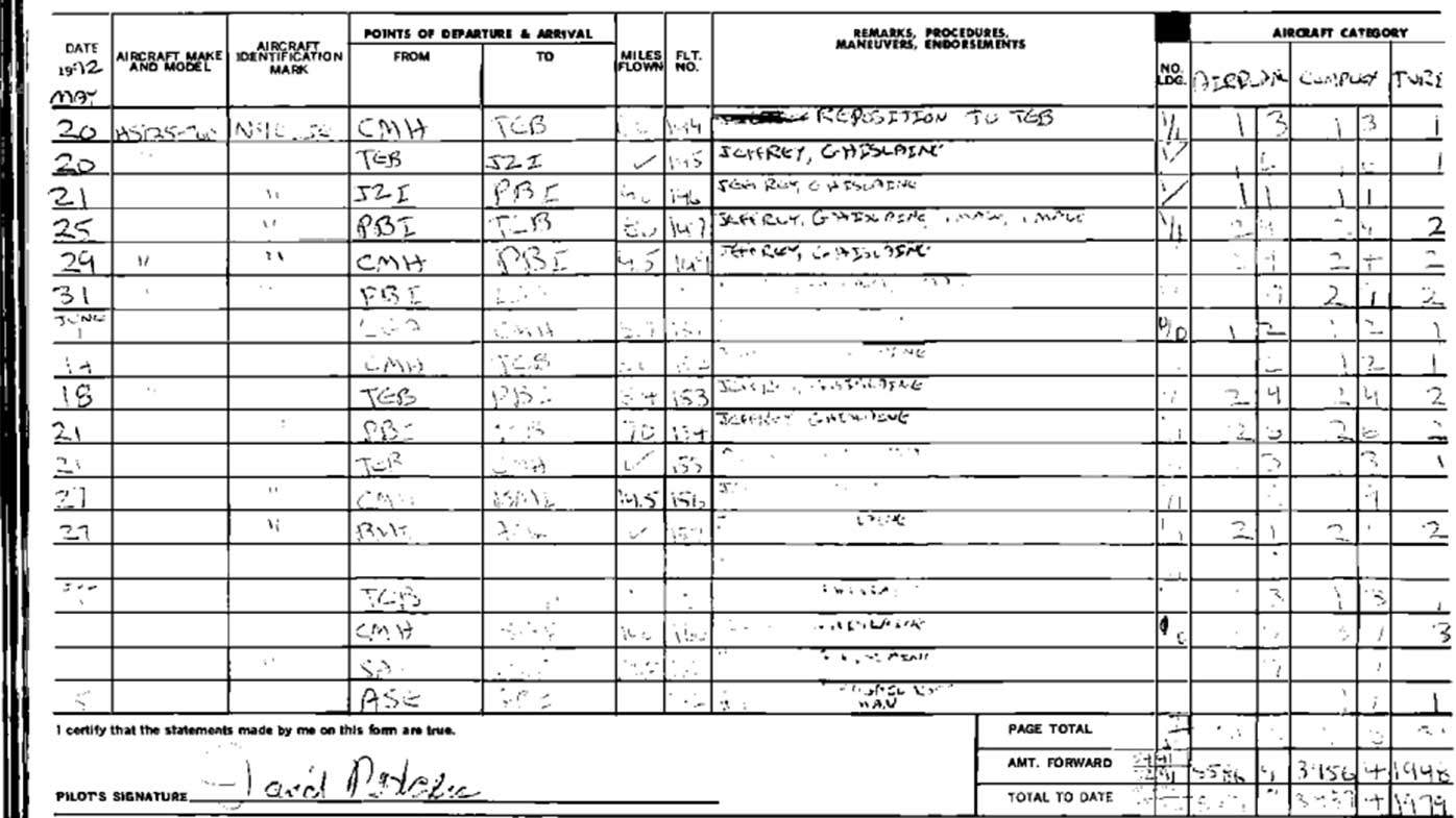 Some pages of Jeffrey Epstein's flight logs are near impossible to make out.