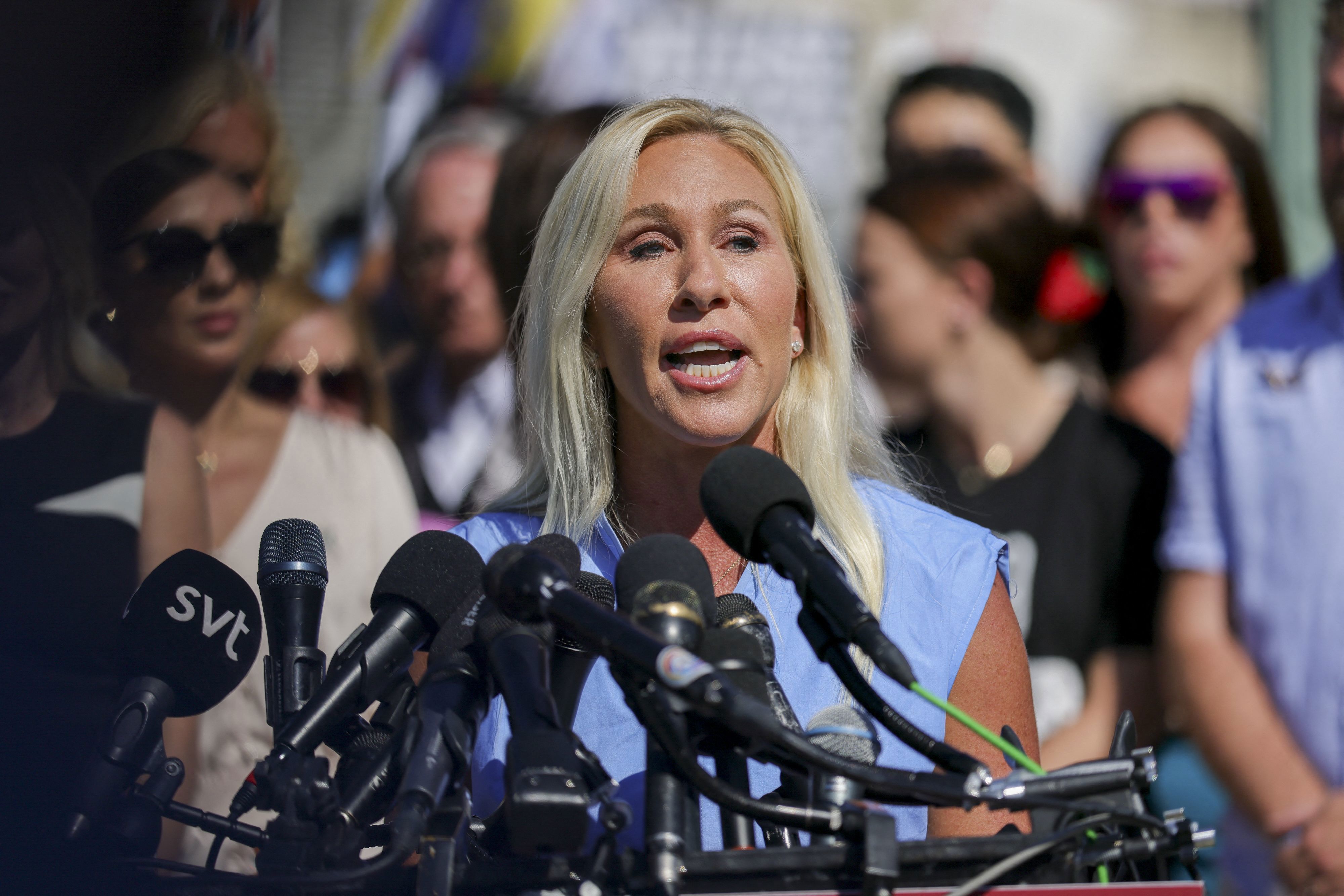 Rep. Marjorie Taylor Greene (R-GA) speaks at a press conference alongside alleged victims of Jeffrey Epstein at the US Capitol in Washington, DC, on September 3.