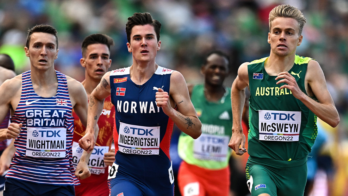 Australia's Stewart McSweyn competing against Great Britain's Jake Wightman and Norway's Jakob Ingebrigtsen at the 2022 World Athletics Championships in Eugene.