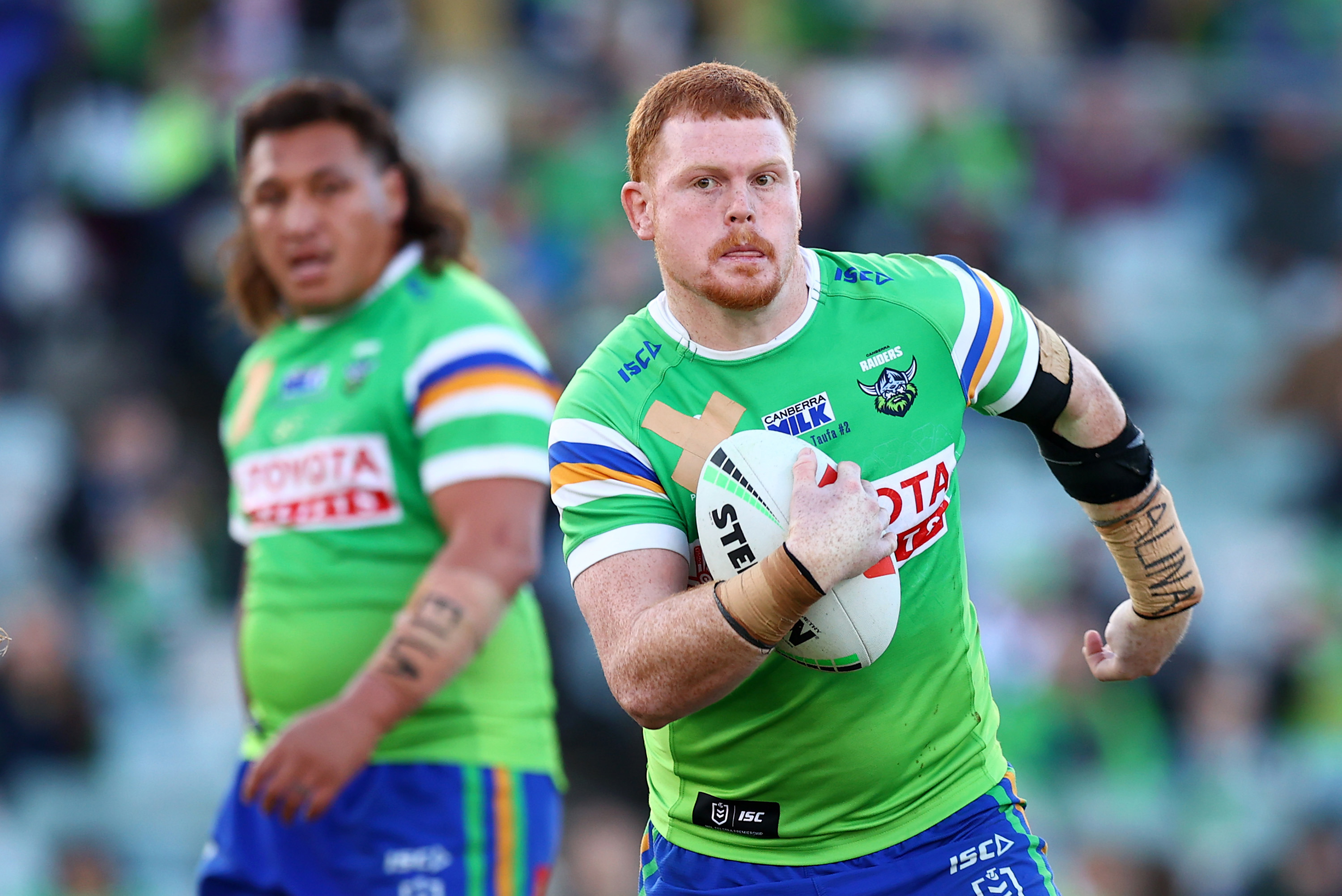 CANBERRA, AUSTRALIA - JULY 29: Corey Horsburgh of the Raiders in action during the round 22 NRL match between Canberra Raiders and Newcastle Knights at GIO Stadium on July 29, 2023 in Canberra, Australia. (Photo by Mark Nolan/Getty Images)