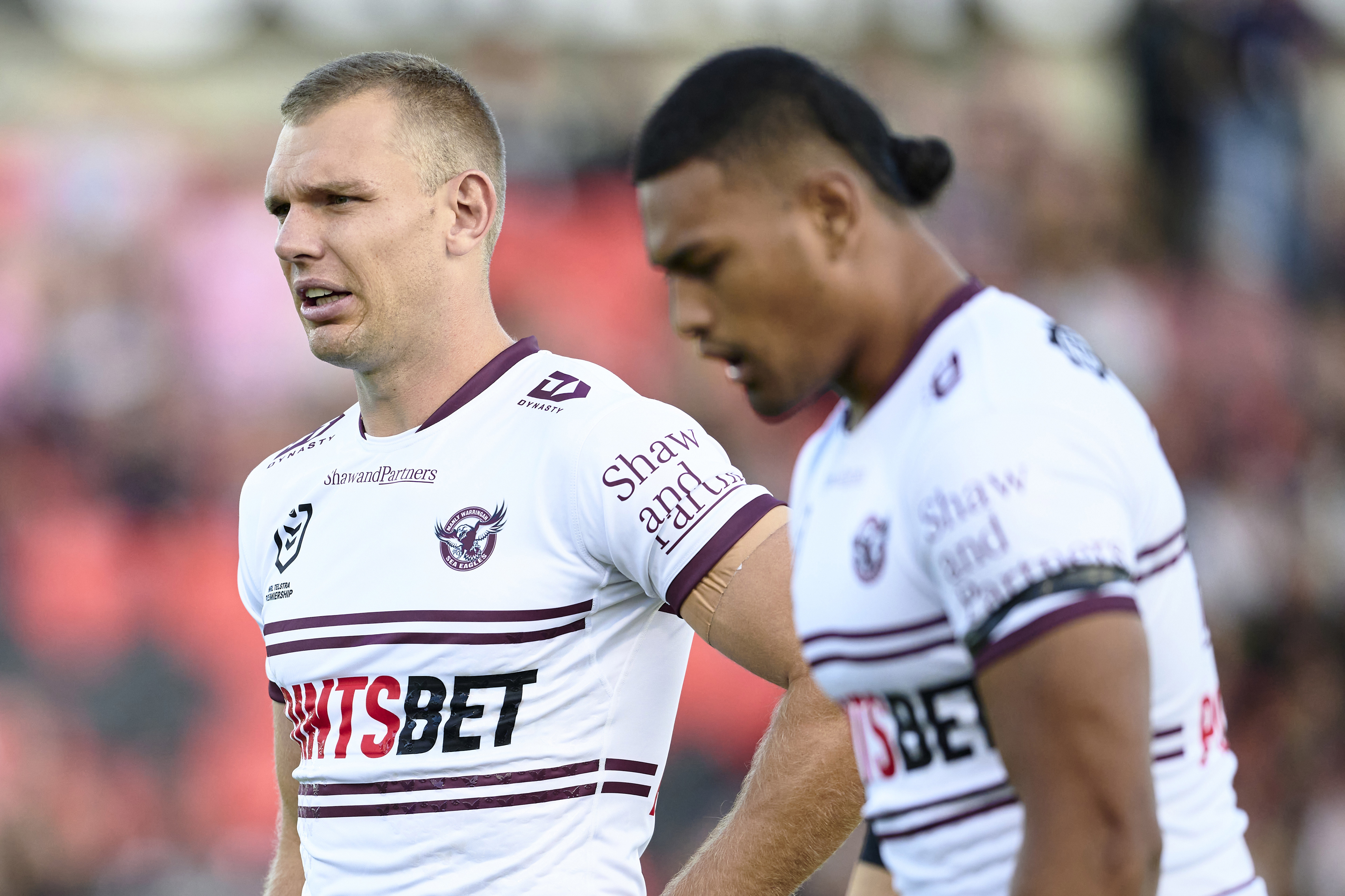 Tom Trbojevic of the Sea Eagles warms up during the round six NRL match between Penrith Panthers and Manly Sea Eagles at BlueBet Stadium on April 08, 2023 in Penrith, Australia. (Photo by Brett Hemmings/Getty Images)