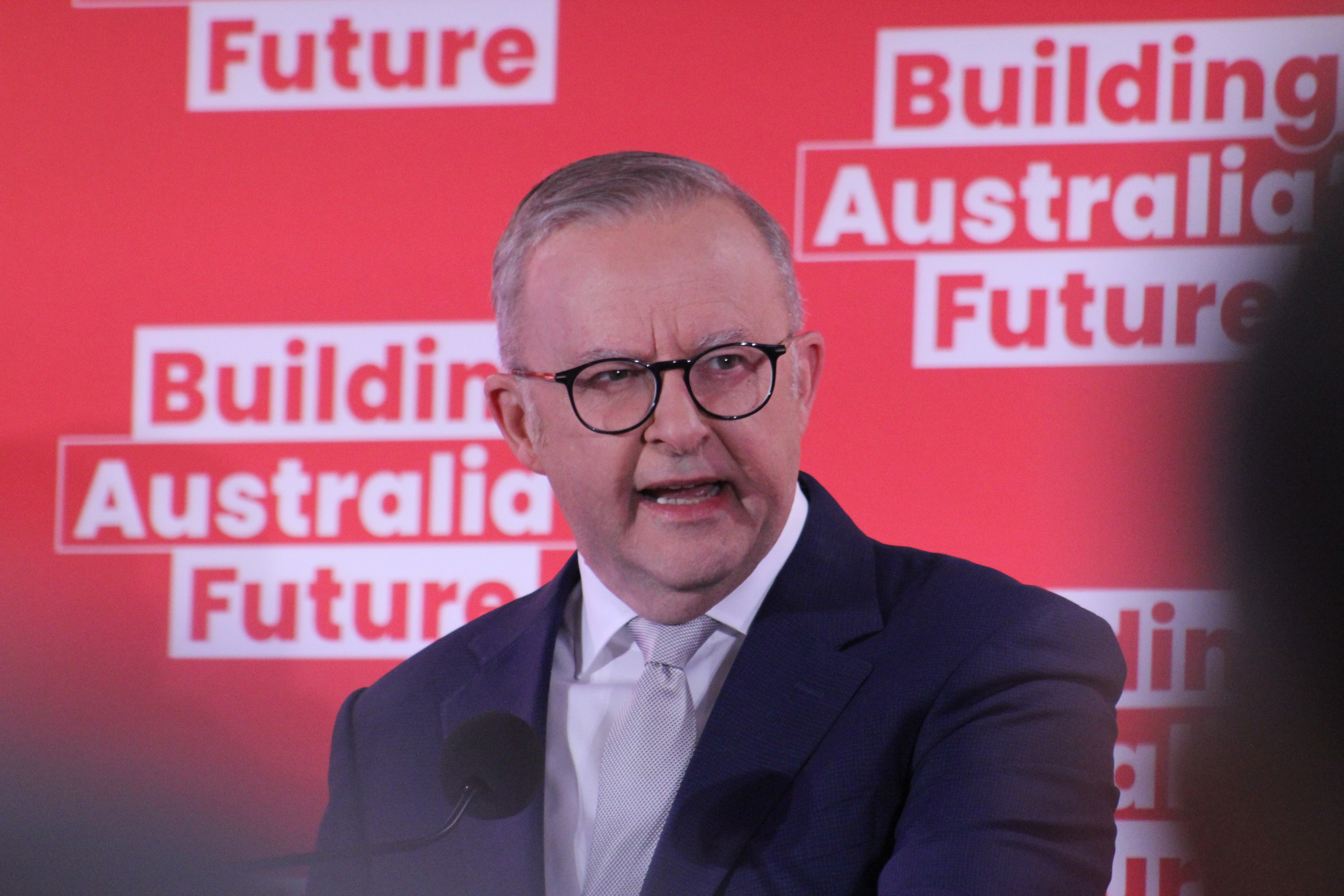 Anthony Albanese gives a speech in Brisbane.