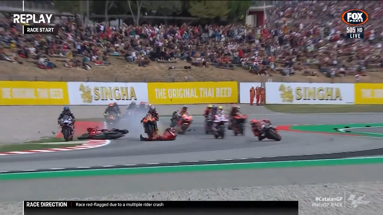 Francesco Bagnaia had his leg ran over after crashing onto the track during the first lap of the Catalunya Grand Prix.