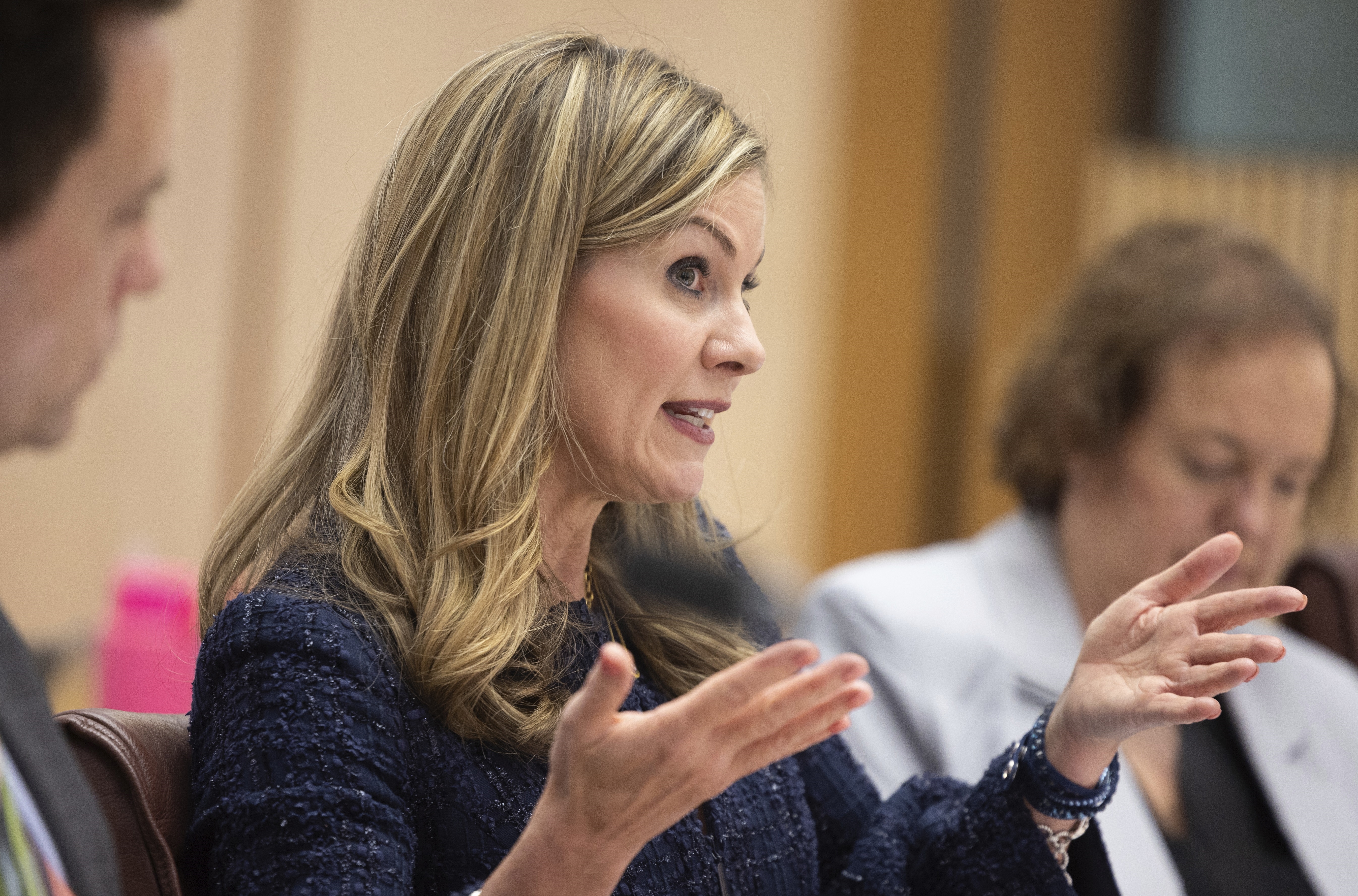 Julie Inman Grant. eSafety Commissioner, during a Senate estimates hearing at Parliament House in Canberra on Thursday 30 May 2024. fedpol Photo: Alex Ellinghausen