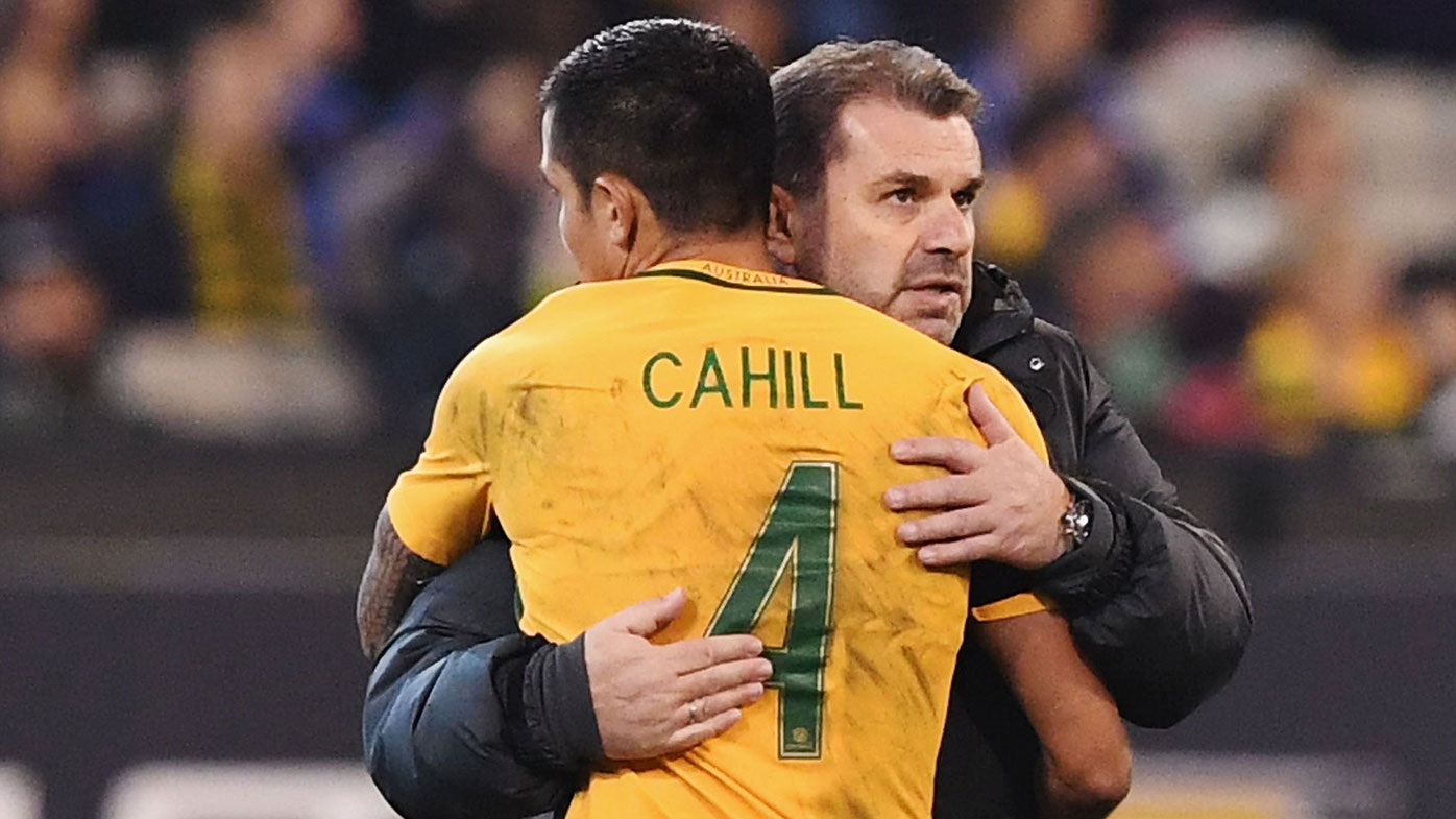 Tim Cahill of the Socceroos is hugged by Socceroos head coach Ange Postecoglou after coming off during the Brasil Global Tour match between Australian Socceroos and Brazil at Melbourne Cricket Ground on June 13, 2017 in Melbourne, Australia. (Photo by Michael Dodge/Getty Images for ICC)
