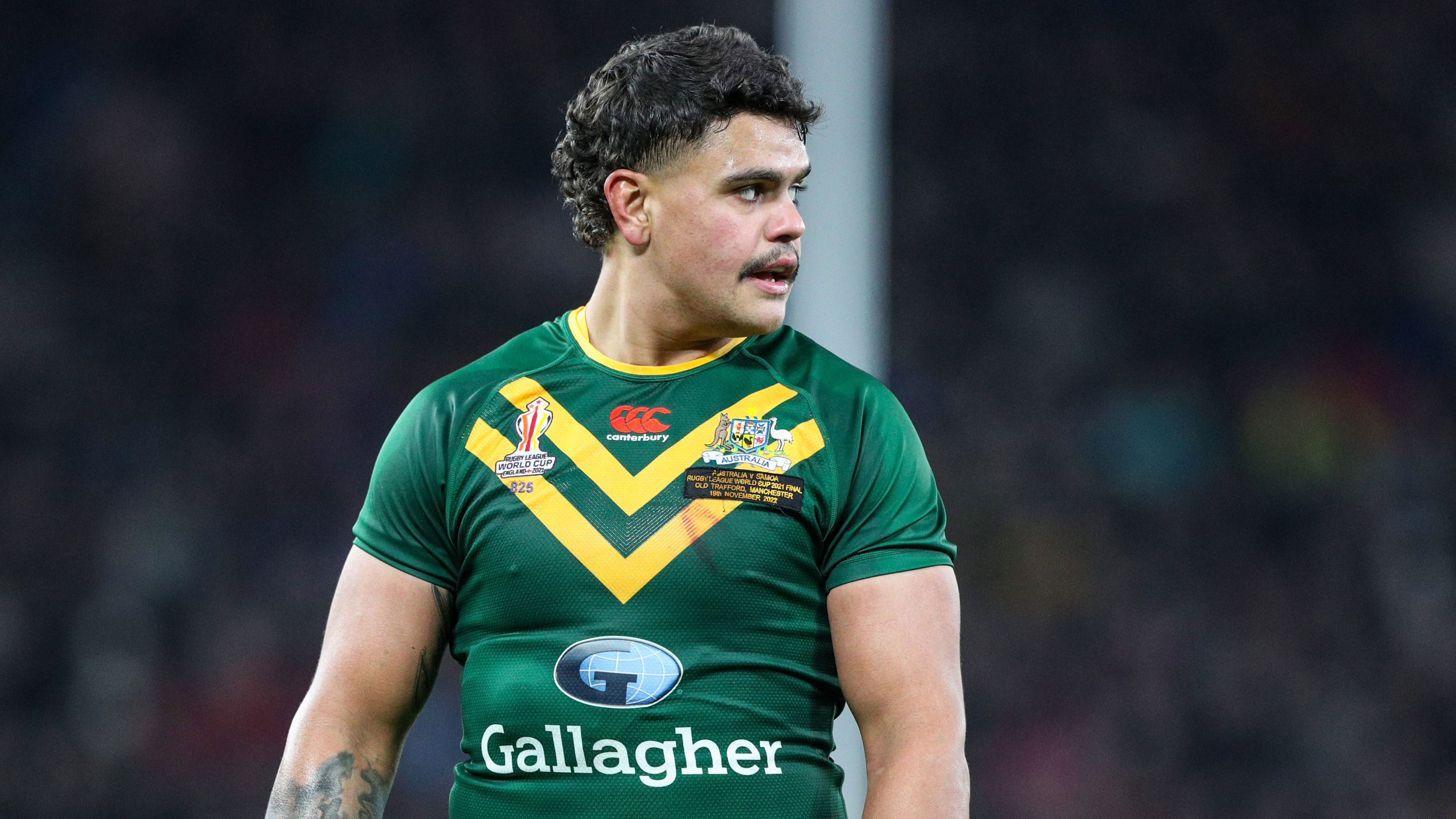 Latrell Mitchell in action during the Rugby League World Cup Final match between Australia and Samoa at Old Trafford. 