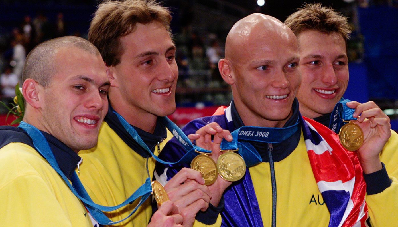 Ashley Callus, Chris Fydler, Michael Klim and Ian Thorpe with their gold medals.