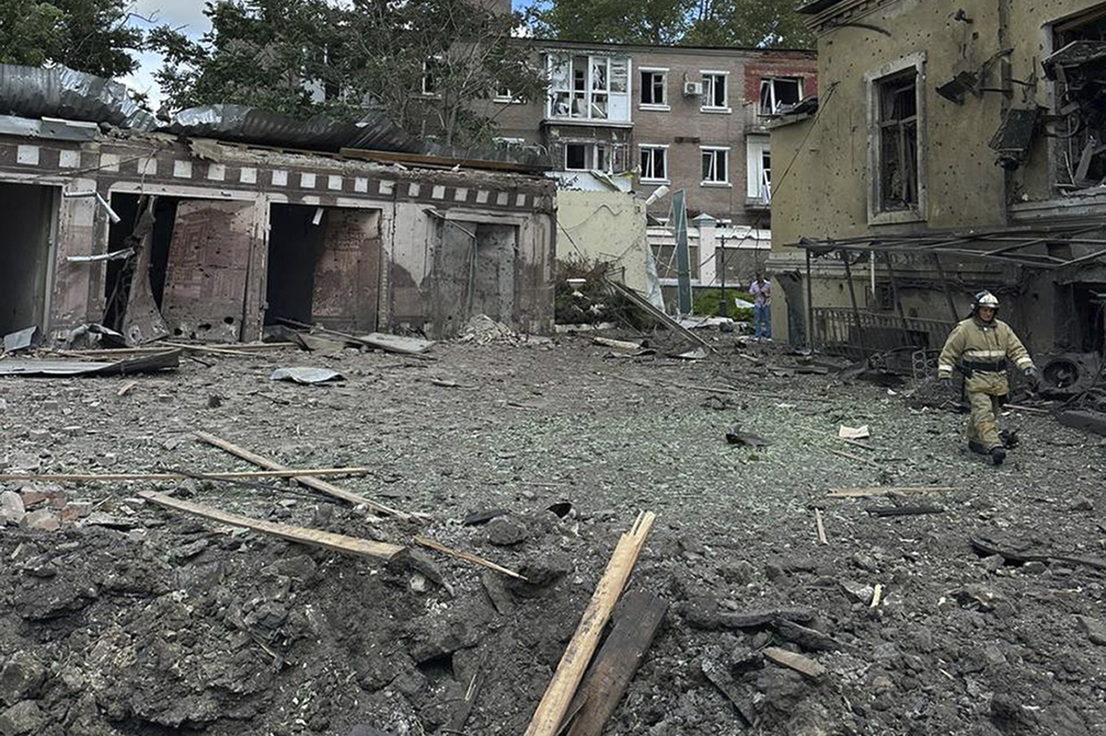 This photo released by Telegram Channel of Rostov-on-Don Region Governor Vasiliy Golubev shows the site of an explosion in Taganrog, Russia, Friday, July 28, 2023. 