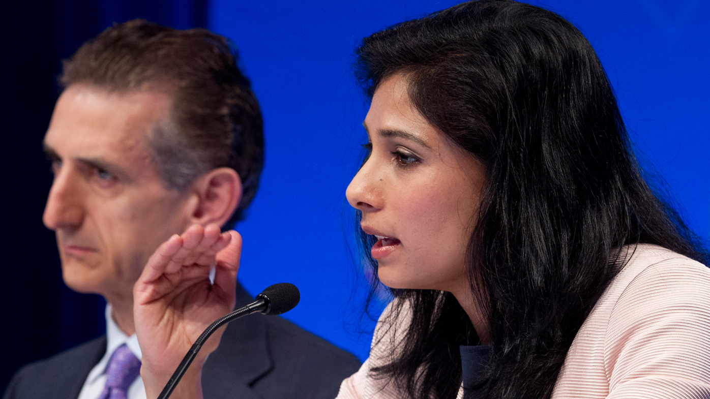 Chief Economist and Director of Research Department at the IMF, Gita Gopinath, speaks during a news conference at the World Bank/IMF Spring Meetings