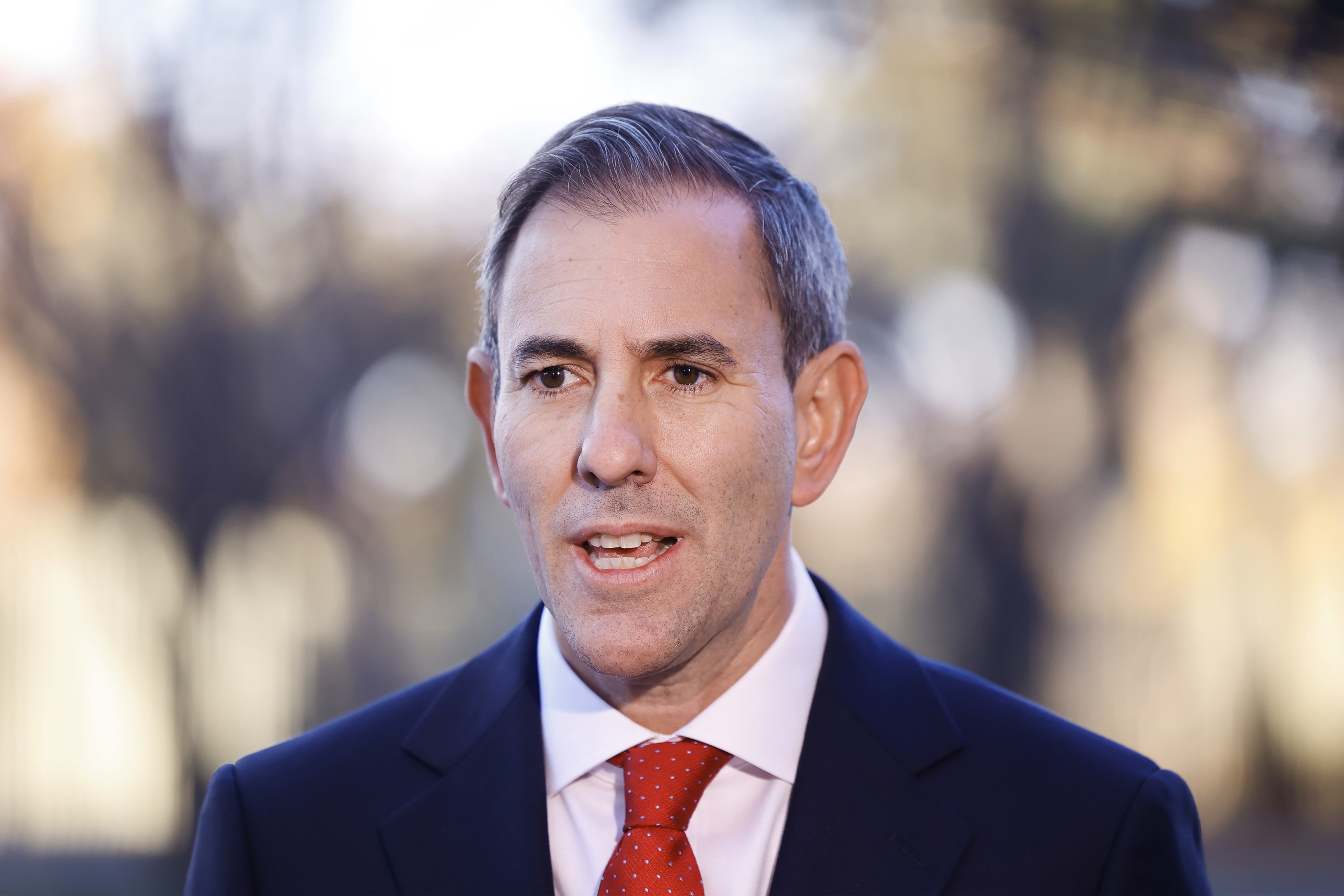 Treasurer Jim Chalmers speaks with the media on arrival to Australian Parliament House ahead of handing down the 2026 budget on May 12, 2026 in Canberra, Australia.