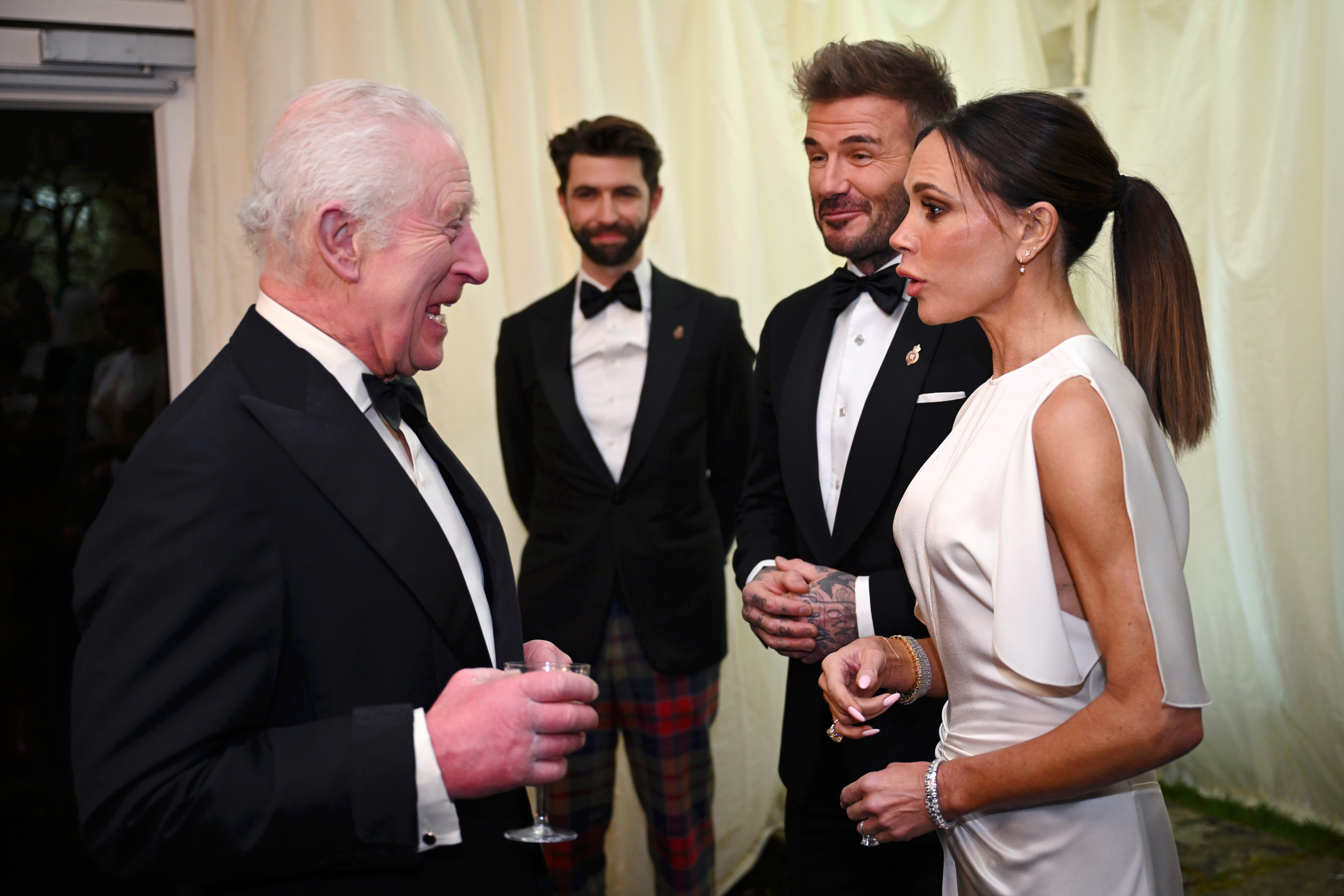 TETBURY, ENGLAND - FEBRUARY 07: King Charles III, David Beckham and Victoria Beckham during a dinner at Highgrove House on February 07, 2025 in Tetbury, England. In preparation for their upcoming State Visits to the Holy See and the Republic of Italy in early April 2025, The King and Queen will attend a special dinner alongside the Italian Ambassador to the UK, His Excellency Inigo Lambertini, Mrs. Maria Grazia Lambertini, and Italian-American actor Stanley Tucci. The event will celebrate the va