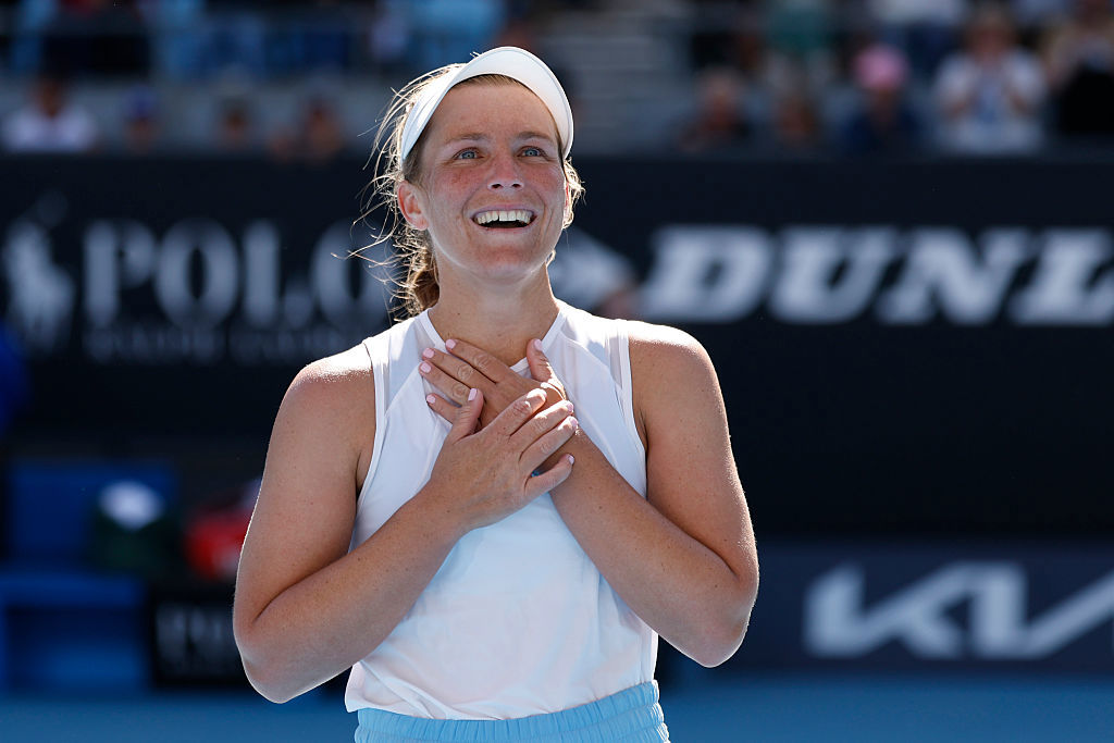 Maddison Inglis of Australia shows emotion after her victory against Laura Siegemund.