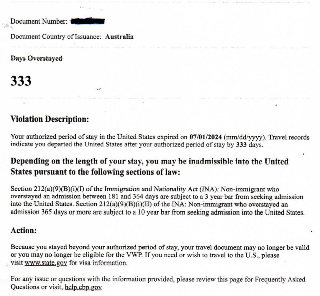 Queensland woman's ESTA documentation