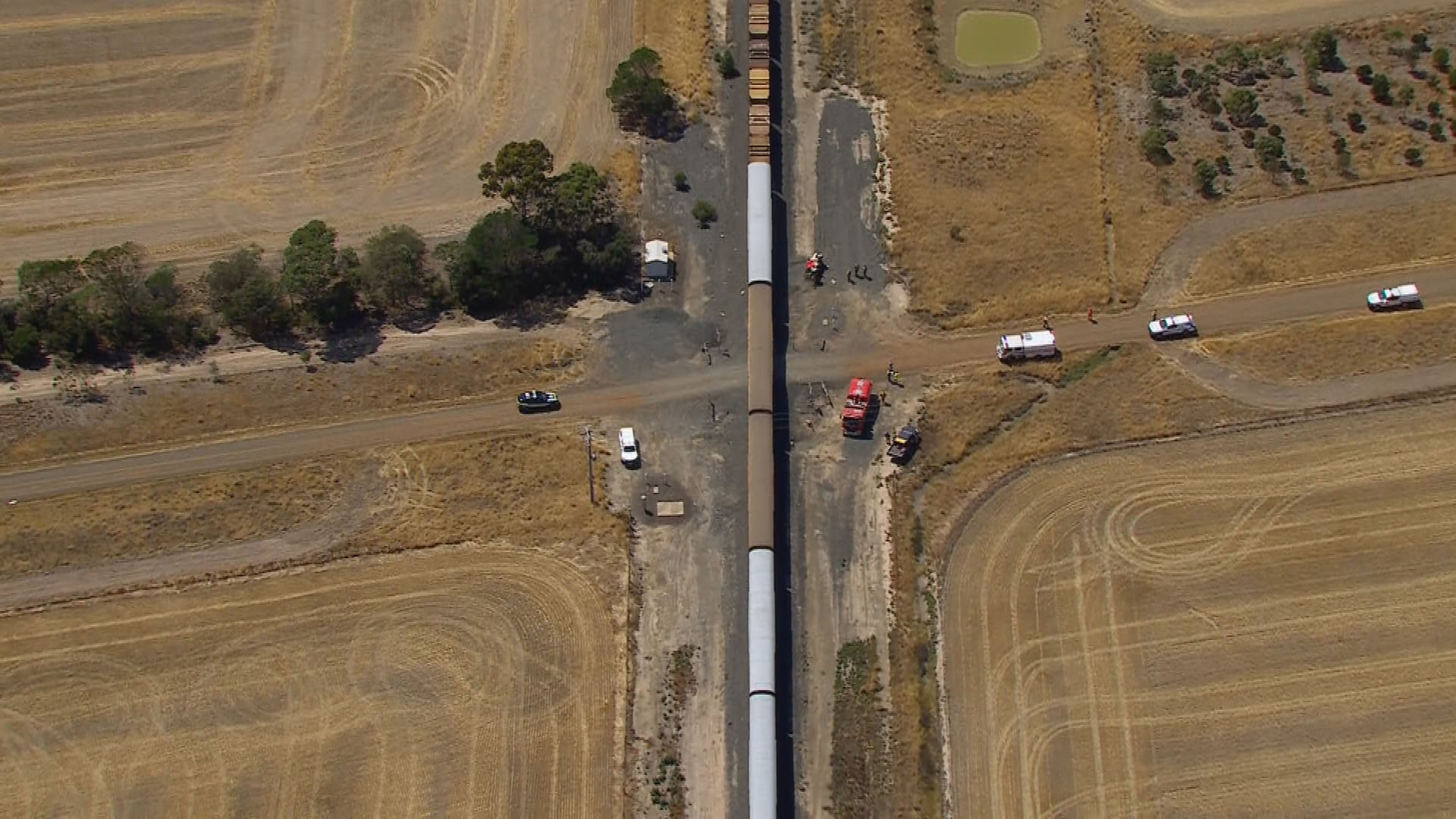 A freight train struck the car at a railway crossing on Reddies Road in Cressy, about 40km north of Colac, just after 10am.