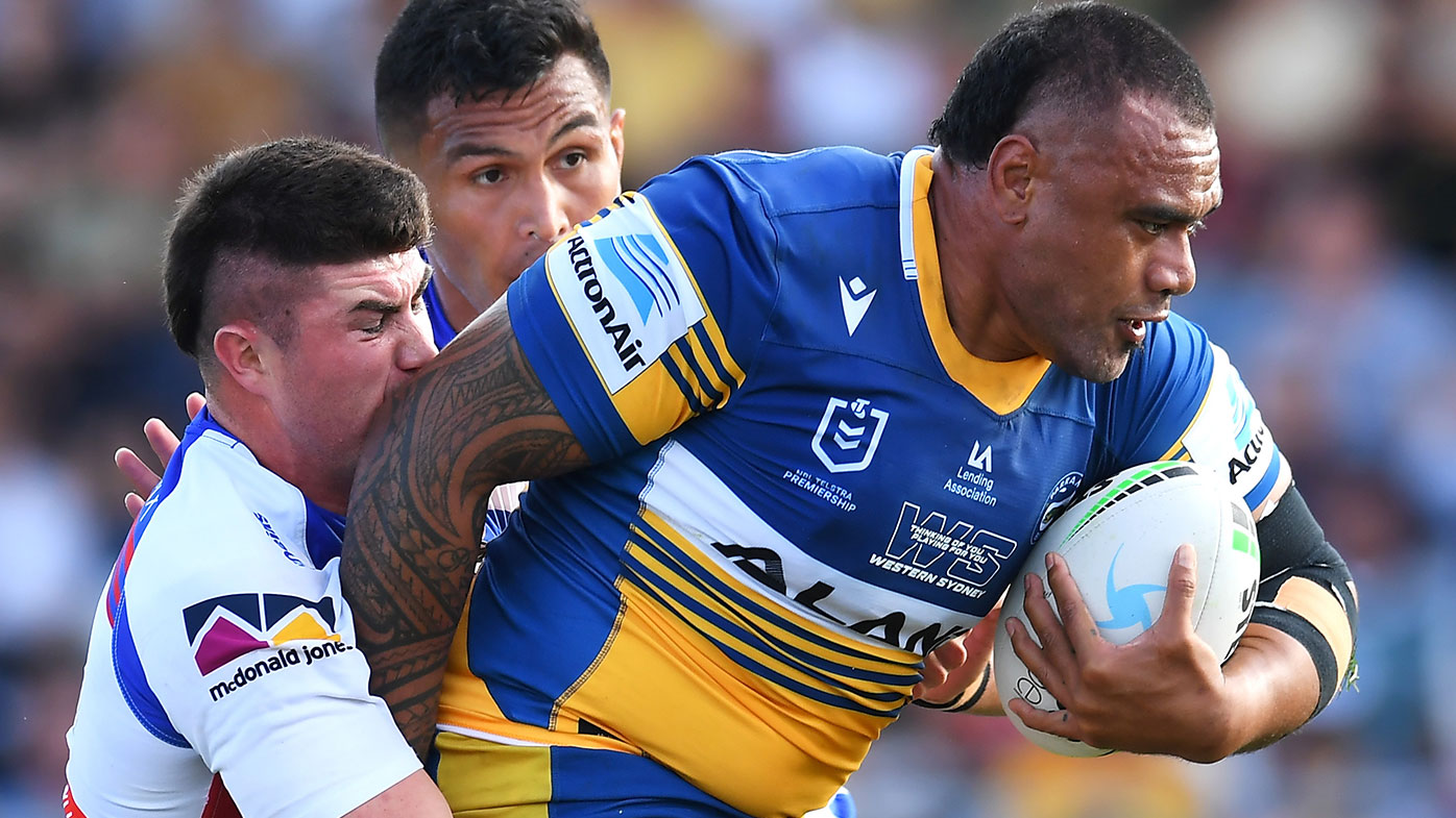  Junior Paulo of the Eels is tackled by Bradman Best of the Knights during the NRL Elimination Final match between Parramatta Eels and Newcastle Knights at Browne Park, on September 12, 2021, in Rockhampton, Australia. (Photo by Albert Perez/Getty Images)