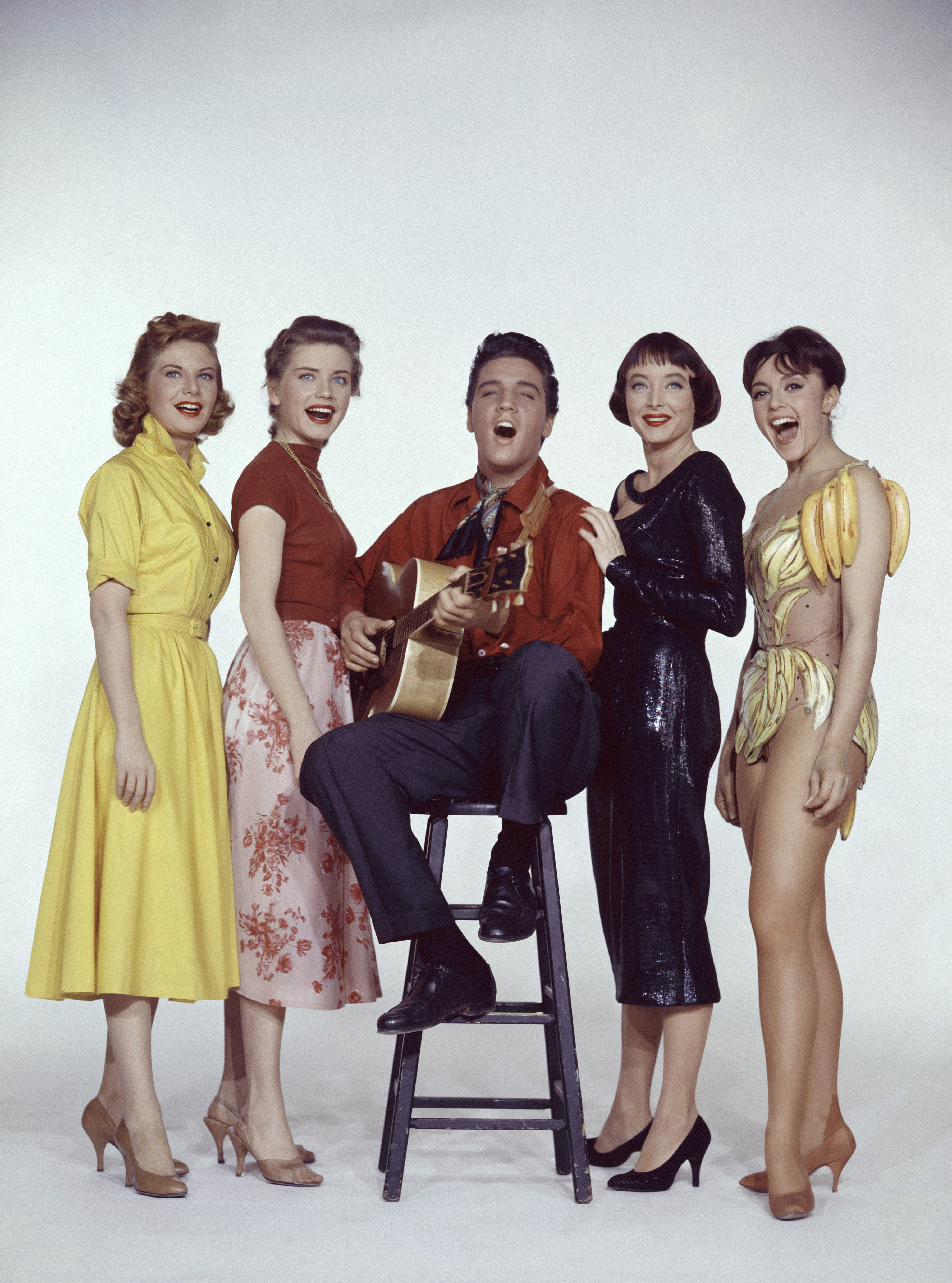 Elvis Presley with Carolyn Jones, Delores Hart, Liliane Montevecchi and Jan Shepard from the 1958 movie King Creole. 