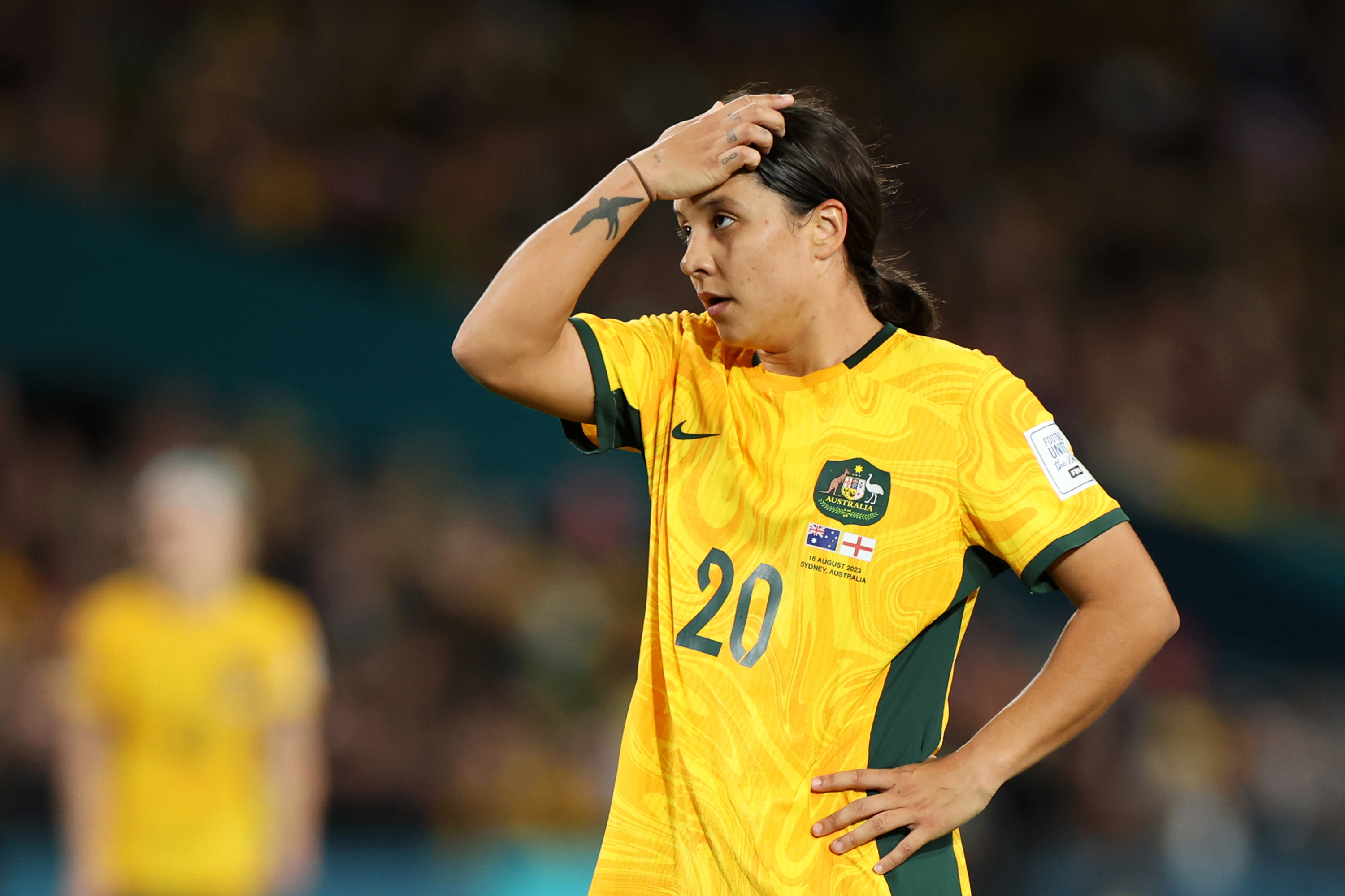 Sam Kerr of Australia reacts after England's opening goal.