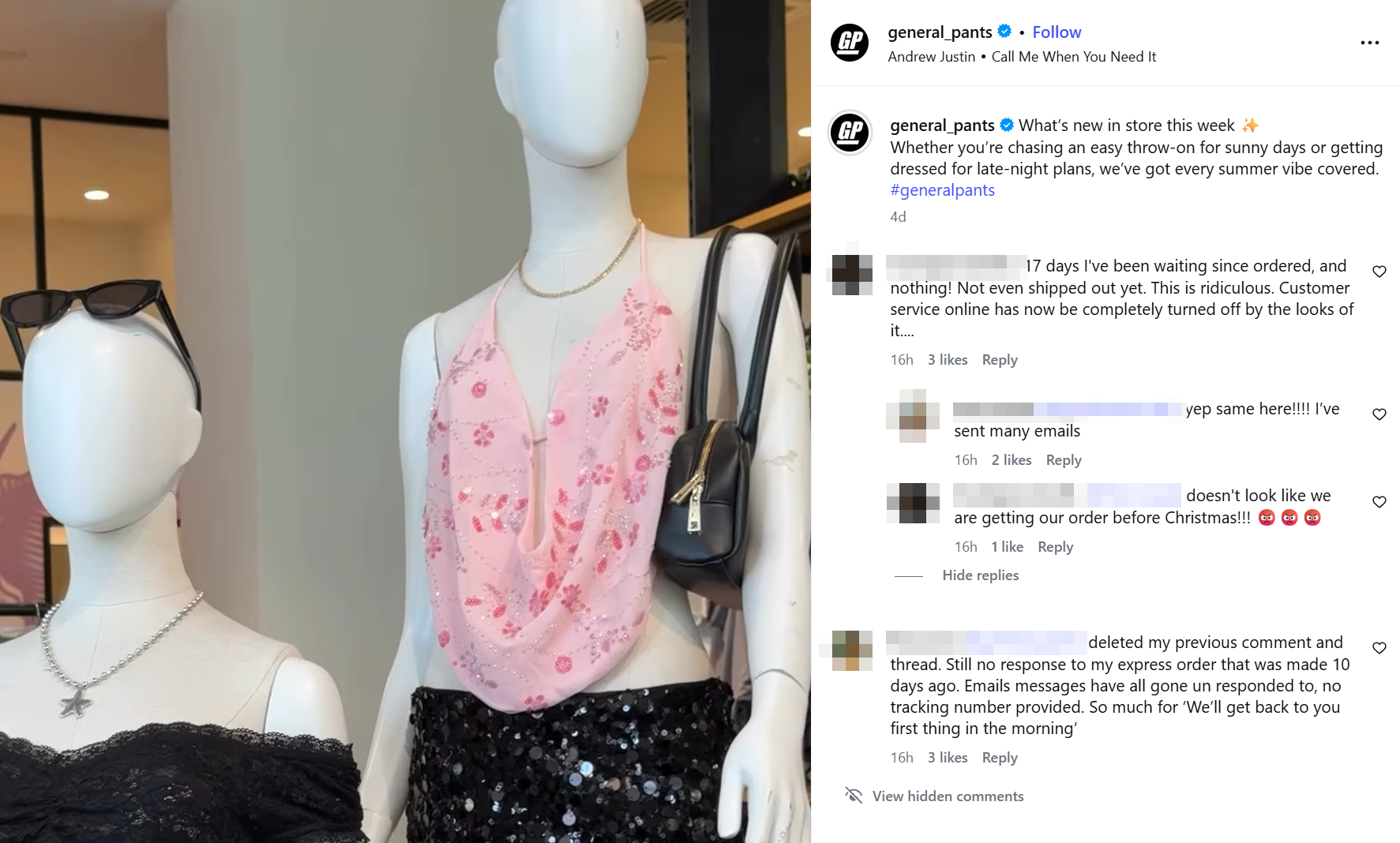 One post was still up on the General Pants Co. Instagram account with frustrated comments under it on Thursday morning.