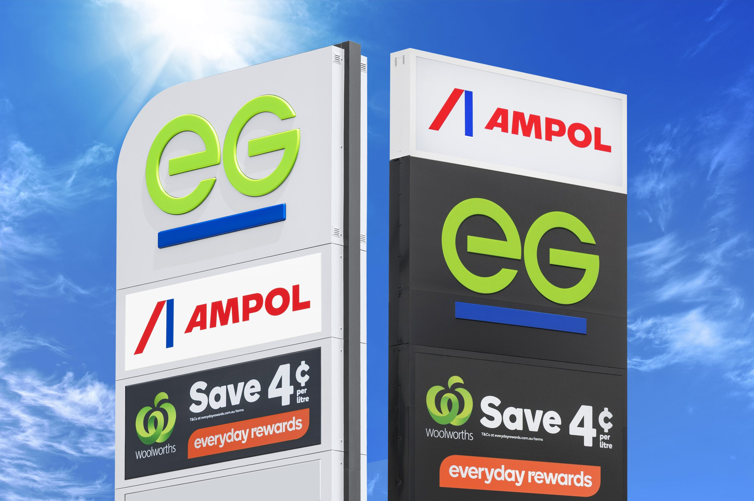 EG Group petrol station signs with the Ampol logo.