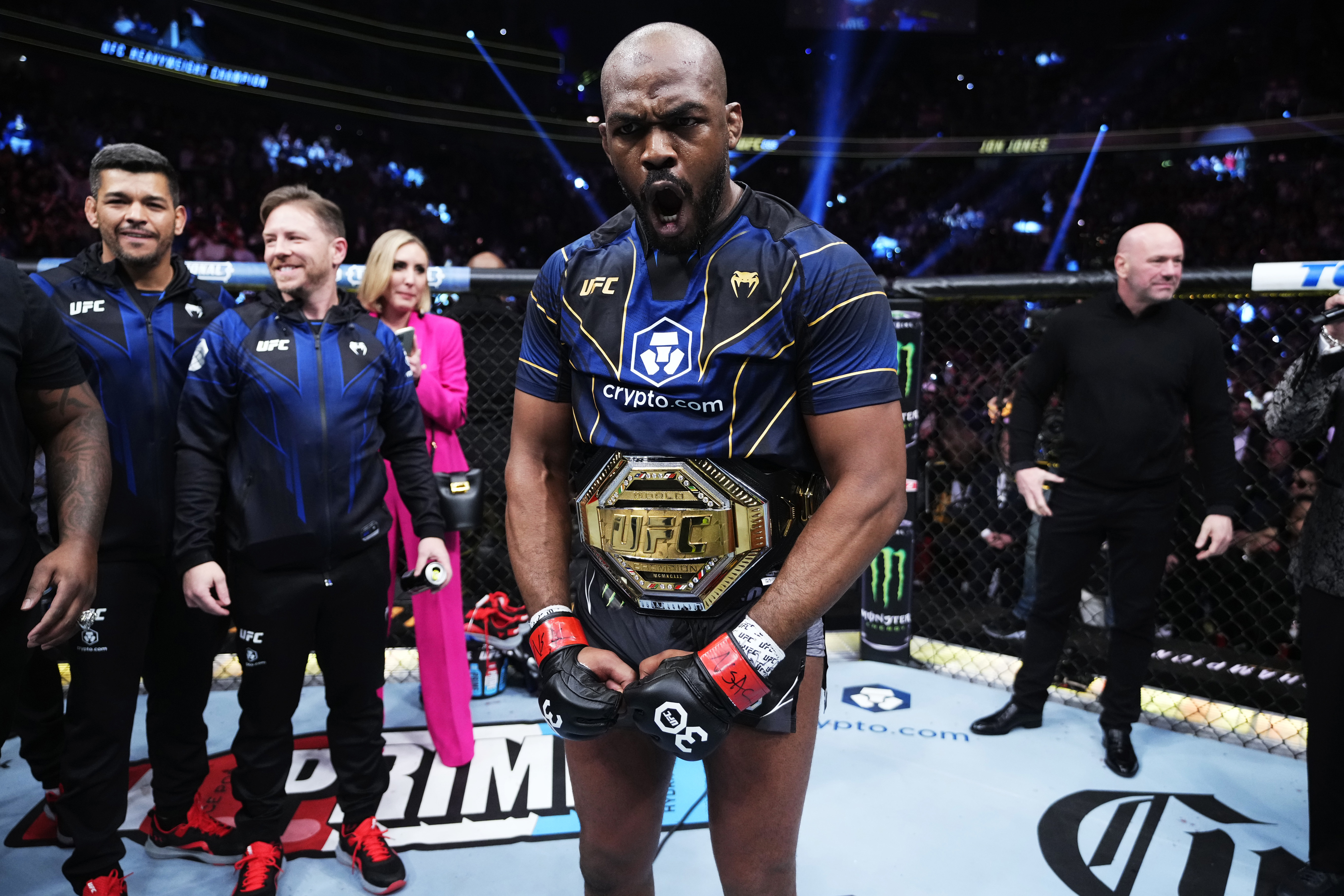 LAS VEGAS, NEVADA - MARCH 04: Jon Jones reacts to his win in the UFC heavyweight championship fight during the UFC 285 event at T-Mobile Arena on March 04, 2023 in Las Vegas, Nevada. (Photo by Jeff Bottari/Zuffa LLC via Getty Images)