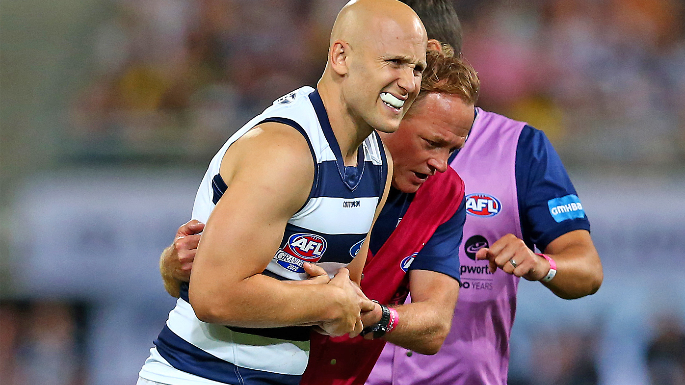 Gary Ablett of the Cats is injured during the 2020 AFL Grand Final match