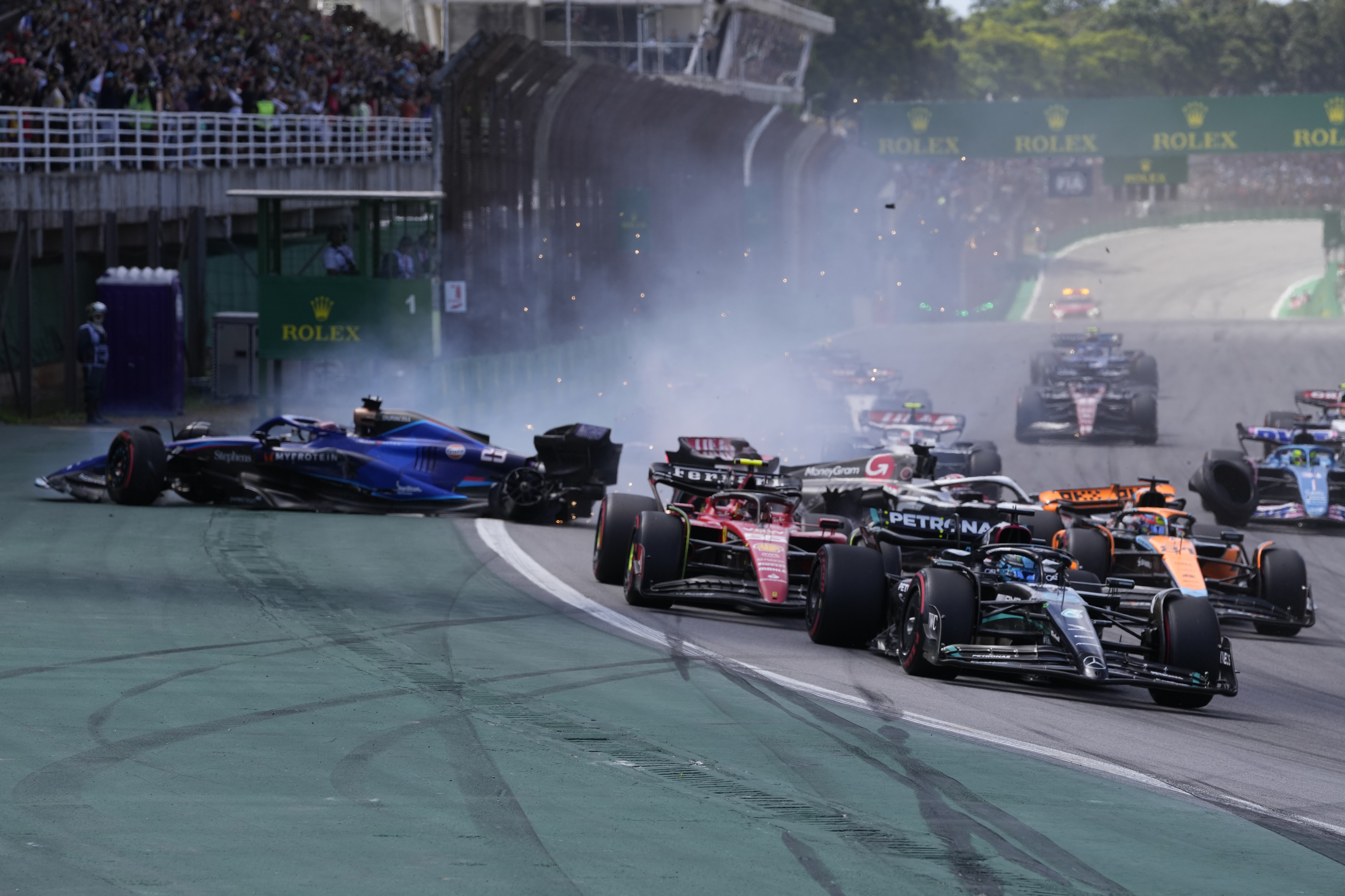Williams driver Alexander Albon of Thailand crashes out of the race during the Brazilian Formula One Grand Prix.