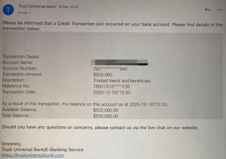 A screenshot of the fraudulent bank account which appeared to show a balance of more than half a million dollars.