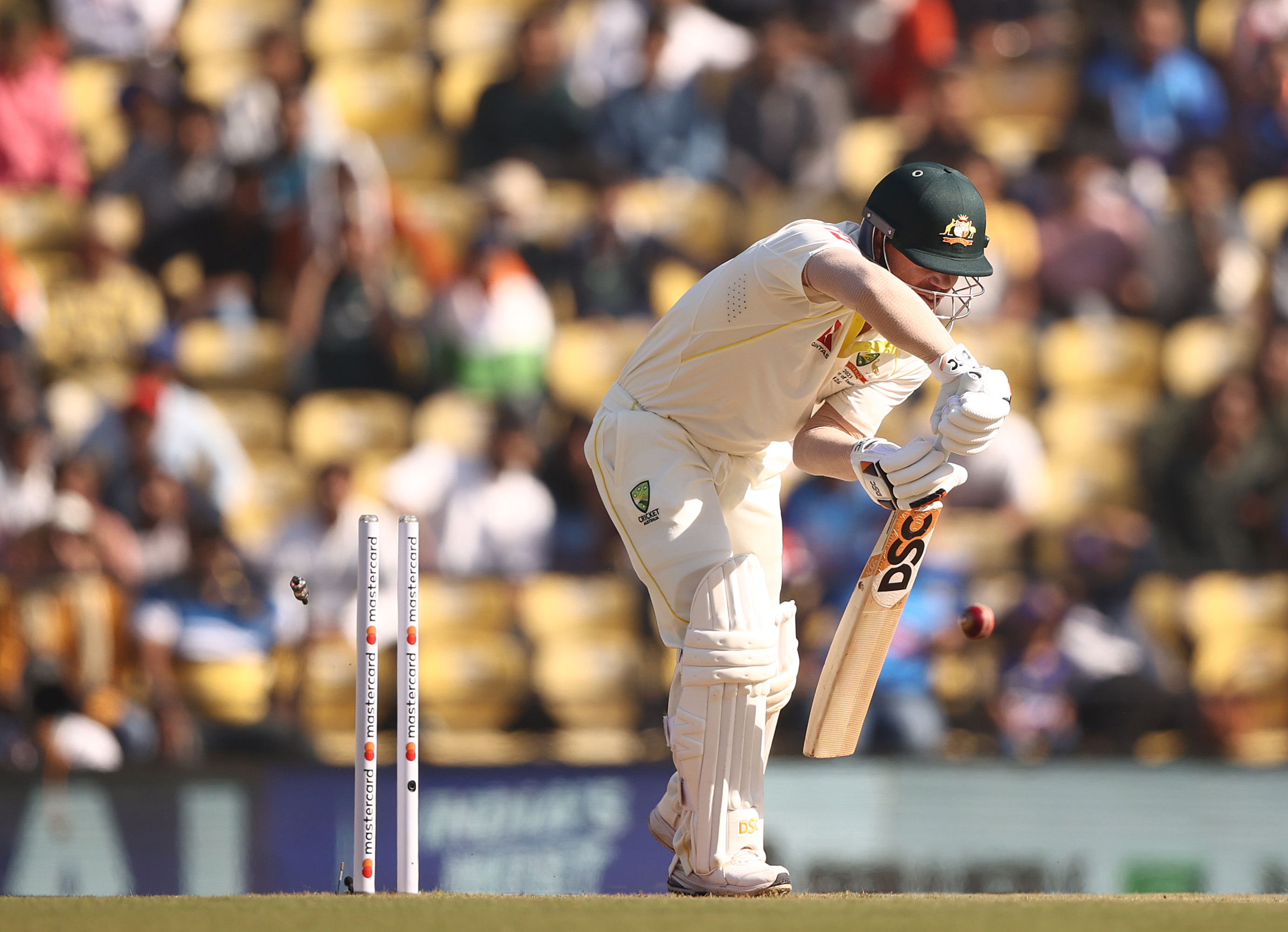 David Warner of Australia is bowled by Mohammed Shami of India during day one of the First Test match in the series between India and Australia at Vidarbha Cricket Association Ground on February 09, 2023 in Nagpur, India. (Photo by Robert Cianflone/Getty Images)