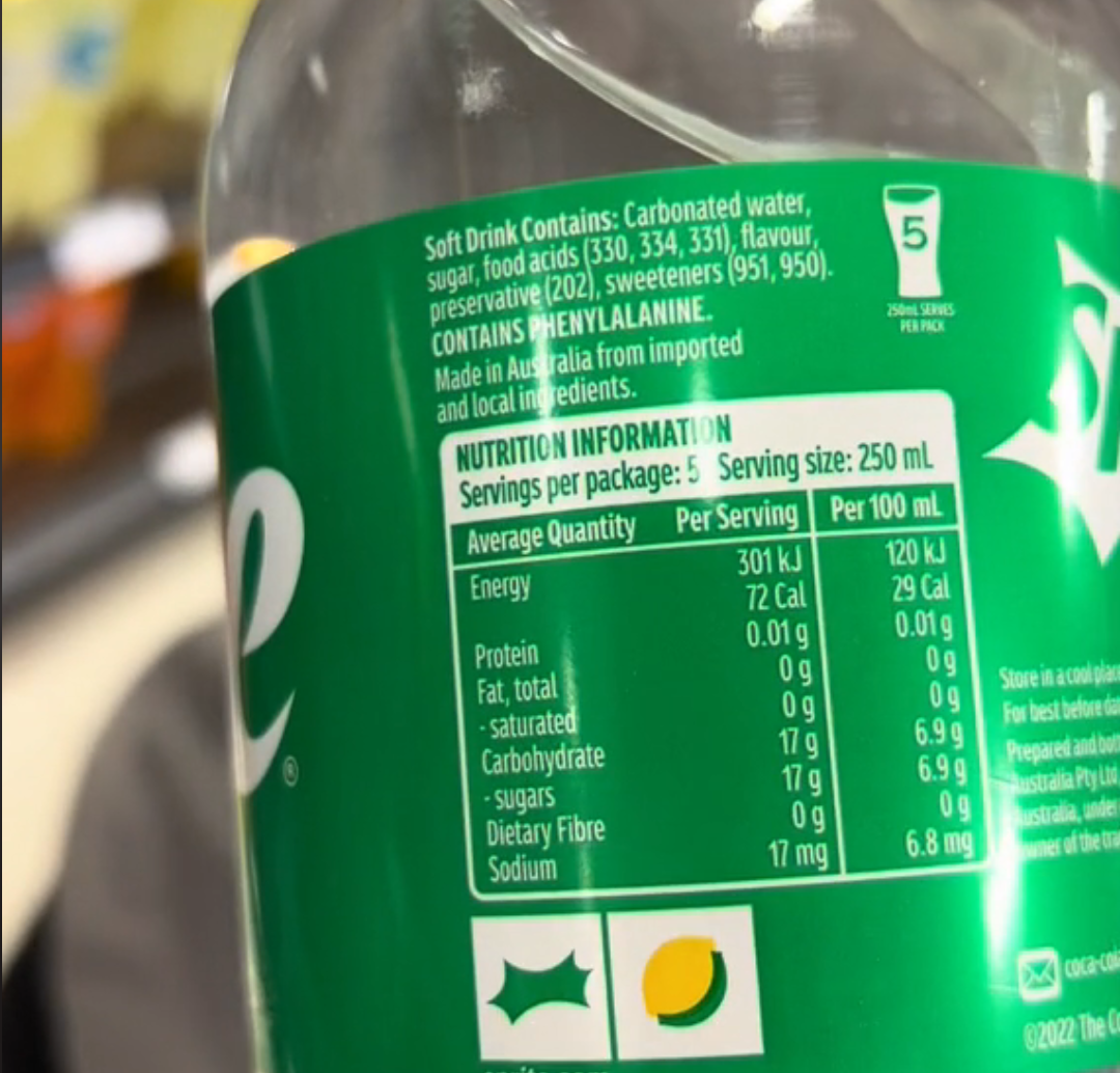 The nutrition label on a bottle of Sprite