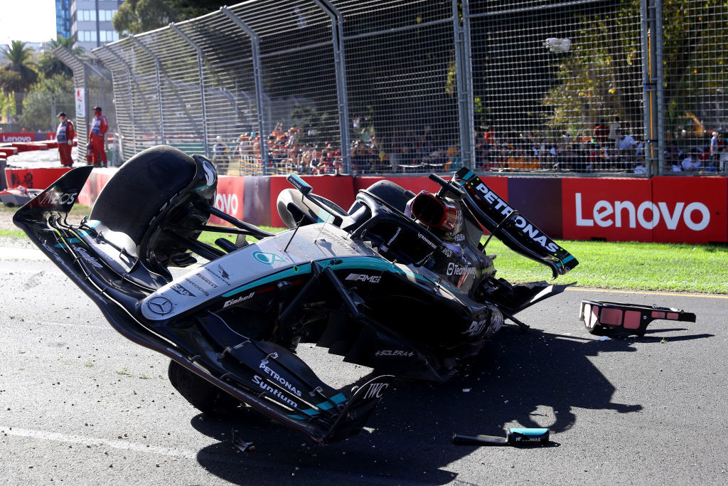 The car of George Russell after he crashed at Albert Park.