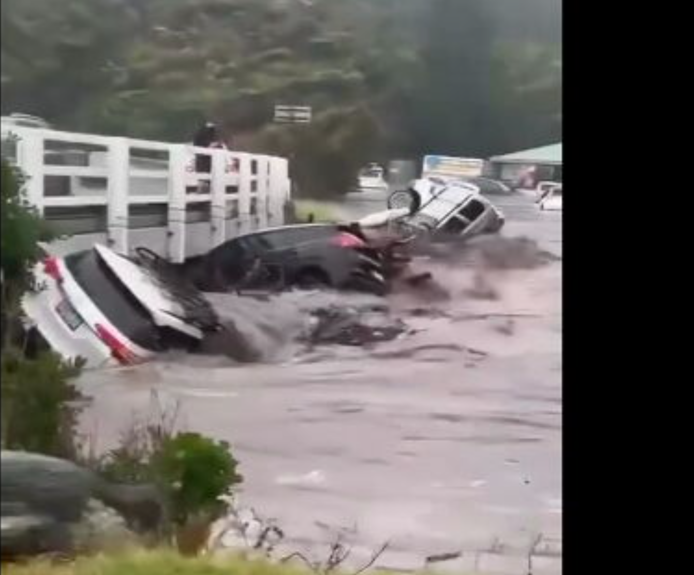 Cars collect in floodwaters at Wye River.